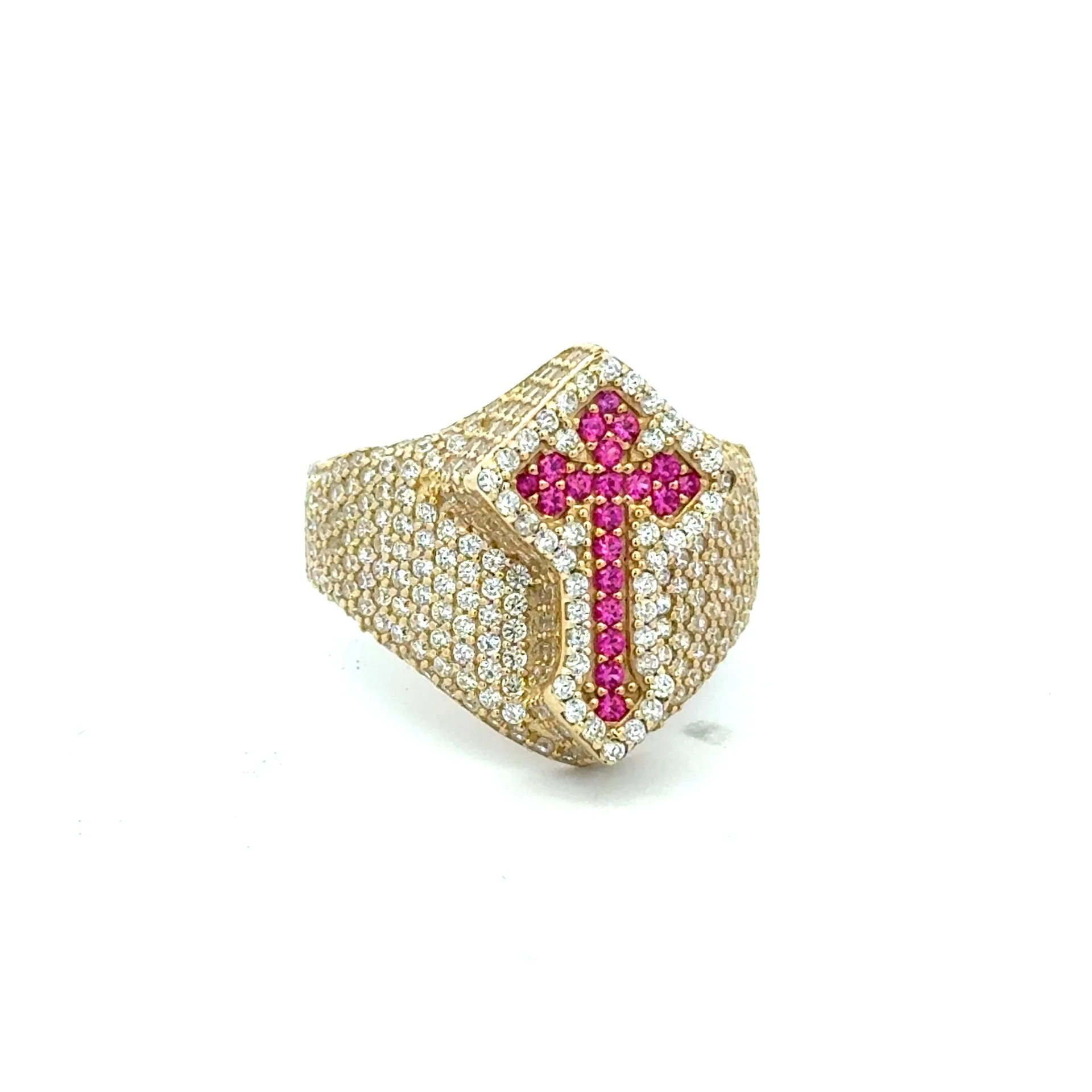 Ring CZ-Iced Shield Angular Pink Cross 11 4mm 10K