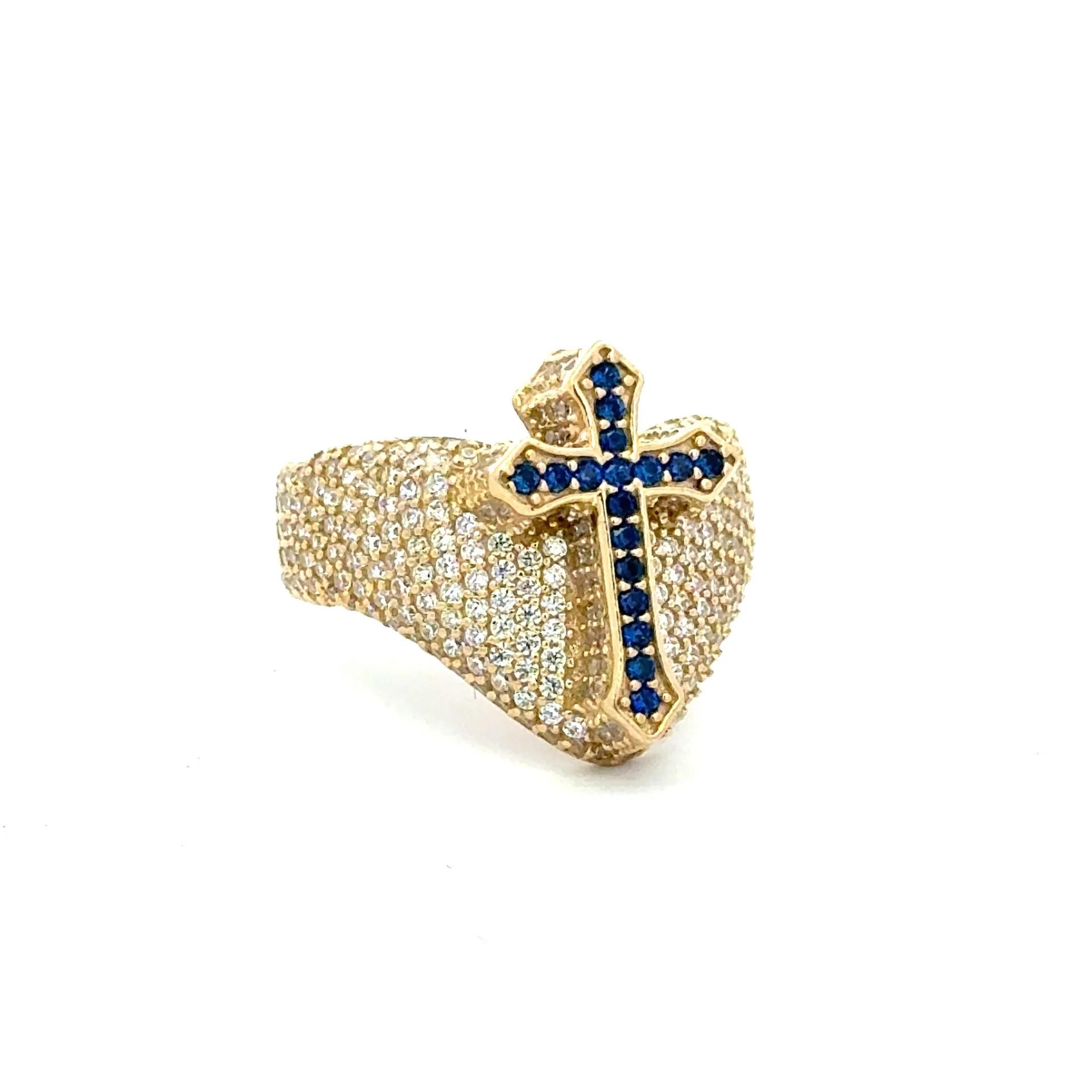 Ring CZ-Iced Shield Blue Cross 9 4mm 10K