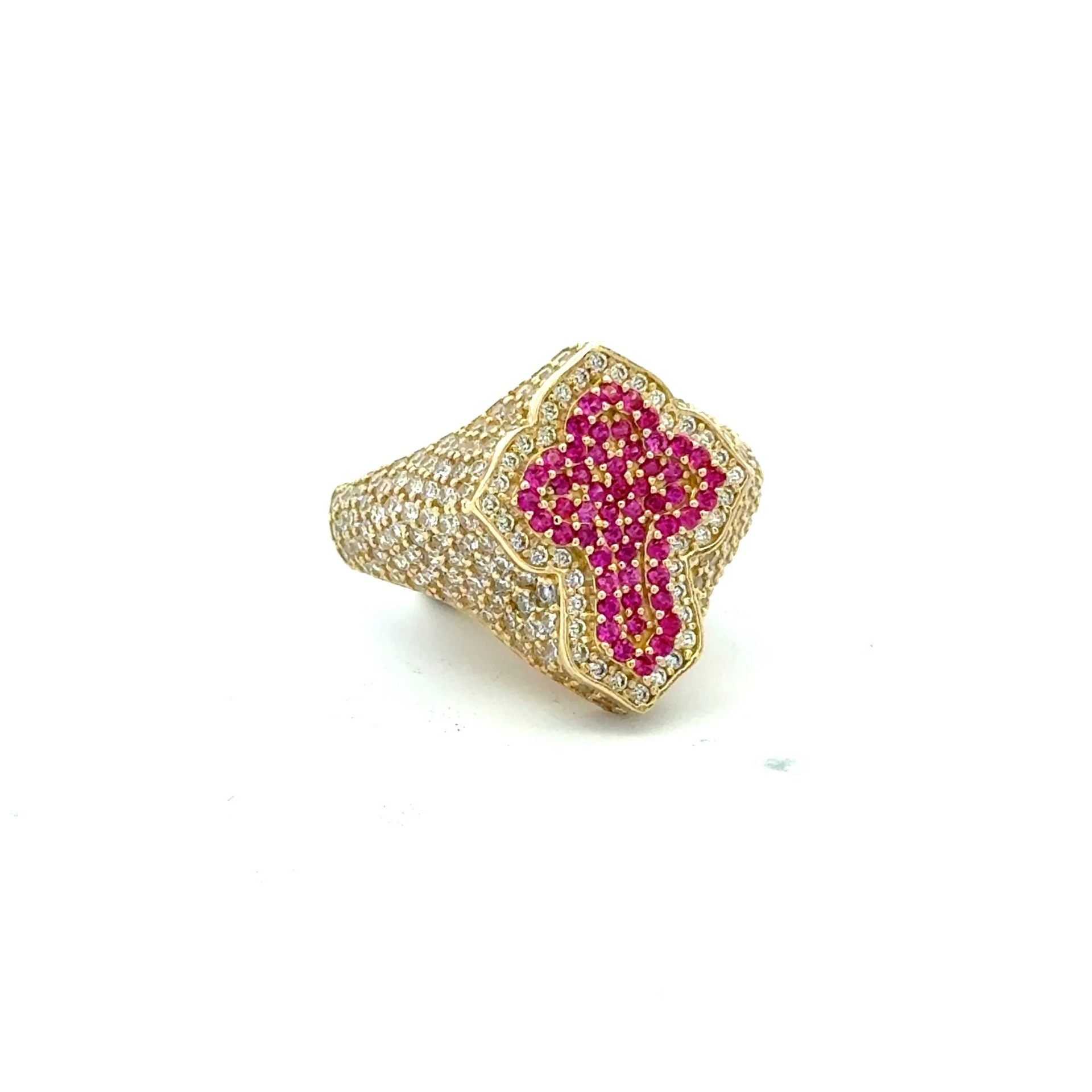 Ring CZ-Iced Trefoil Pink Stepped Angular Cross 11 3mm 10K