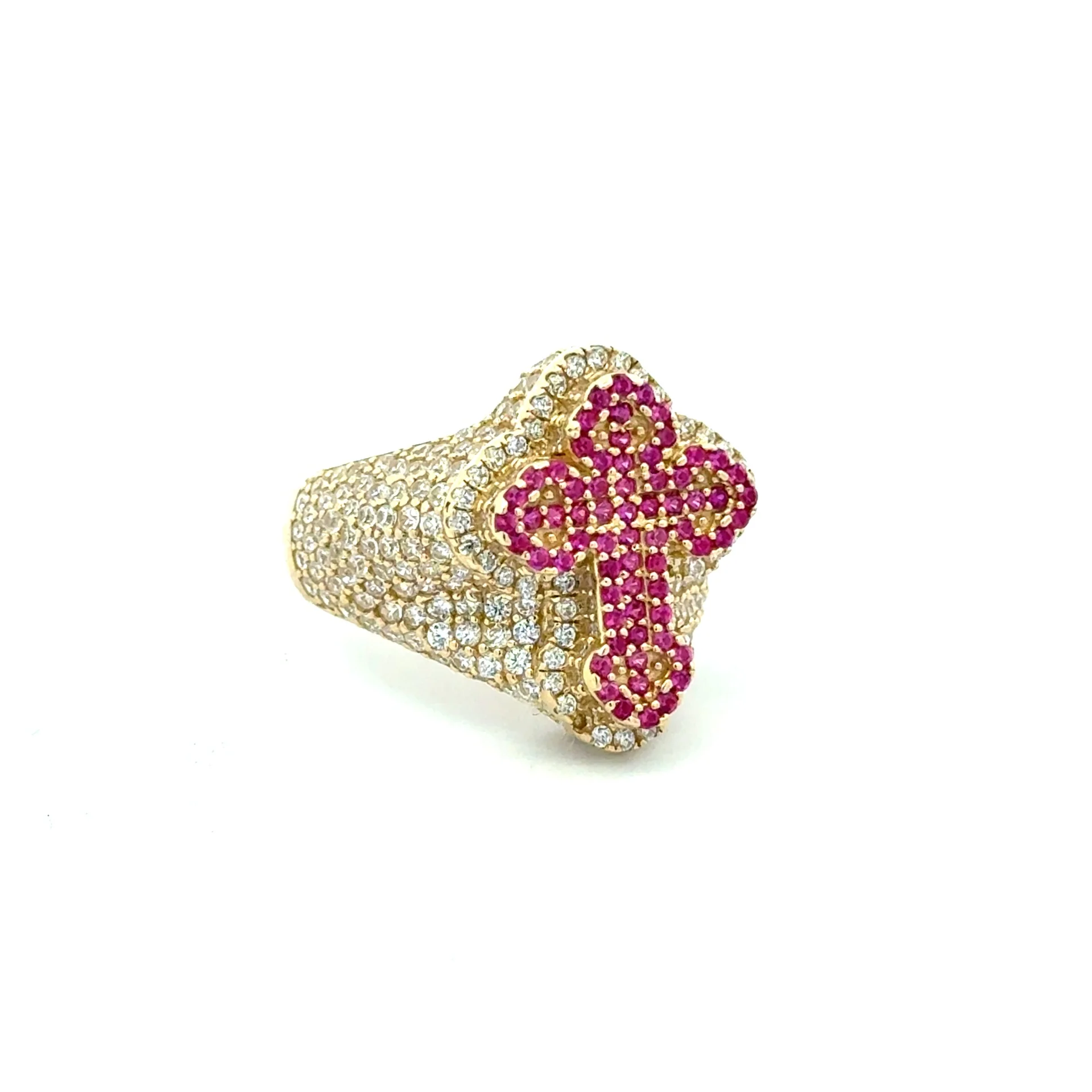 Ring CZ-Iced Trefoil Pink Stepped Cross 9 5mm 10K