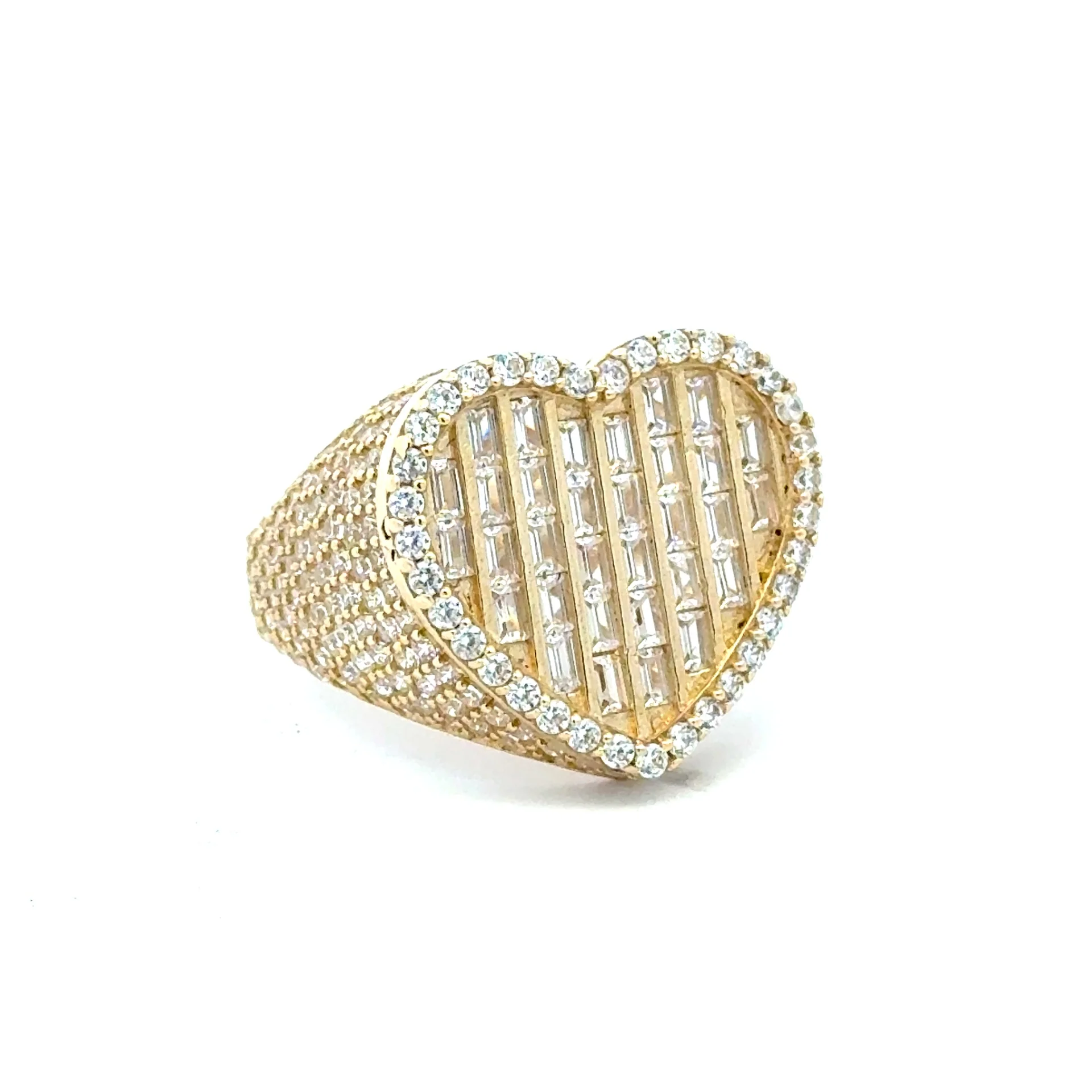 Ring CZ-Iced with Baguette Stones in Big Heart 7.5 3.5mm 10K
