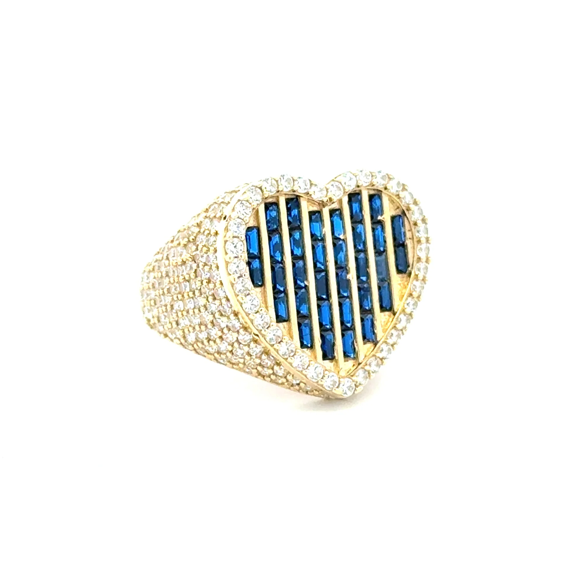 Ring CZ-Iced with Blue Baguette Stones in Big Heart 7.5 3.5mm 10K