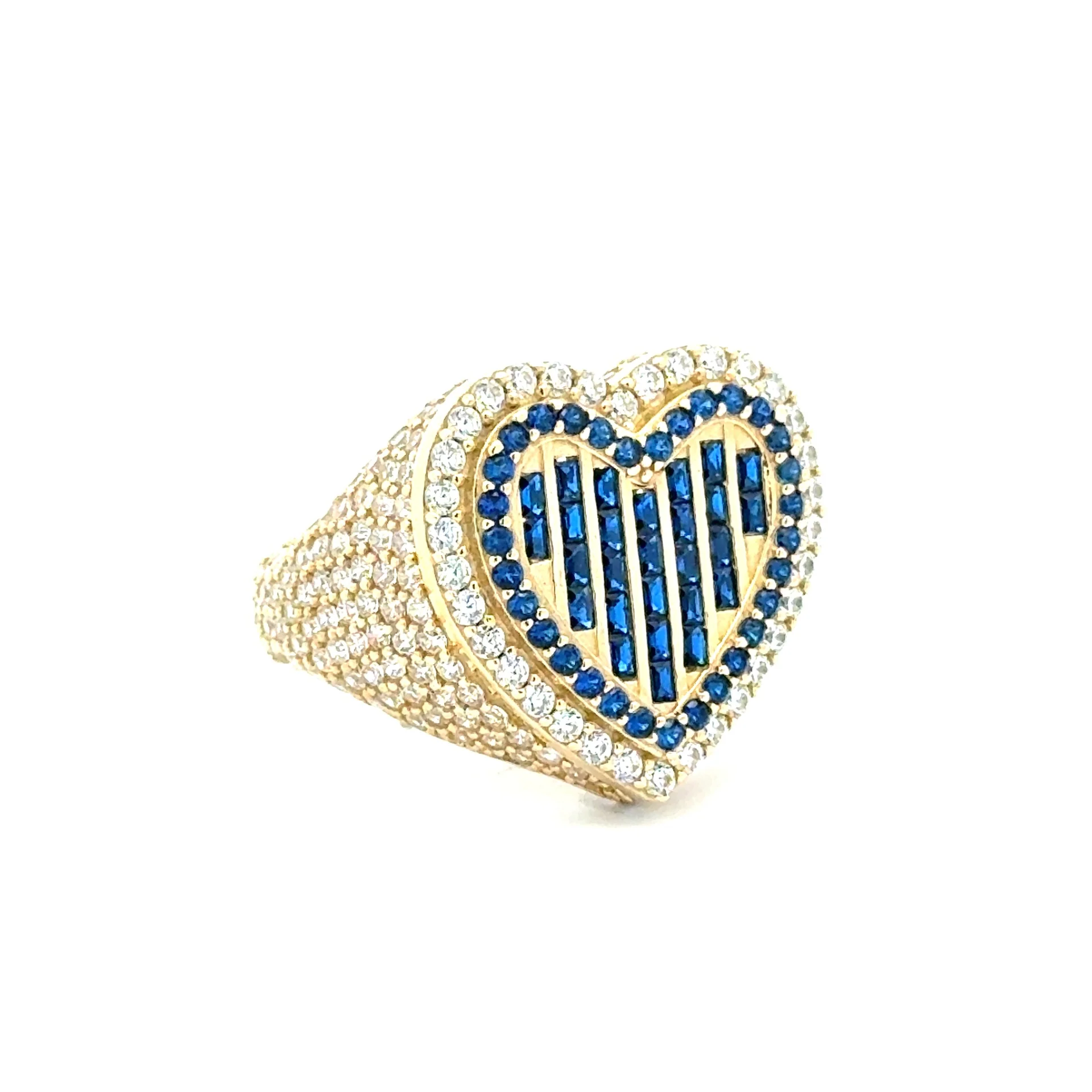 Ring CZ-Iced with Blue Baguette Stones in Big Stepped Heart 7.5 3.5mm 10K