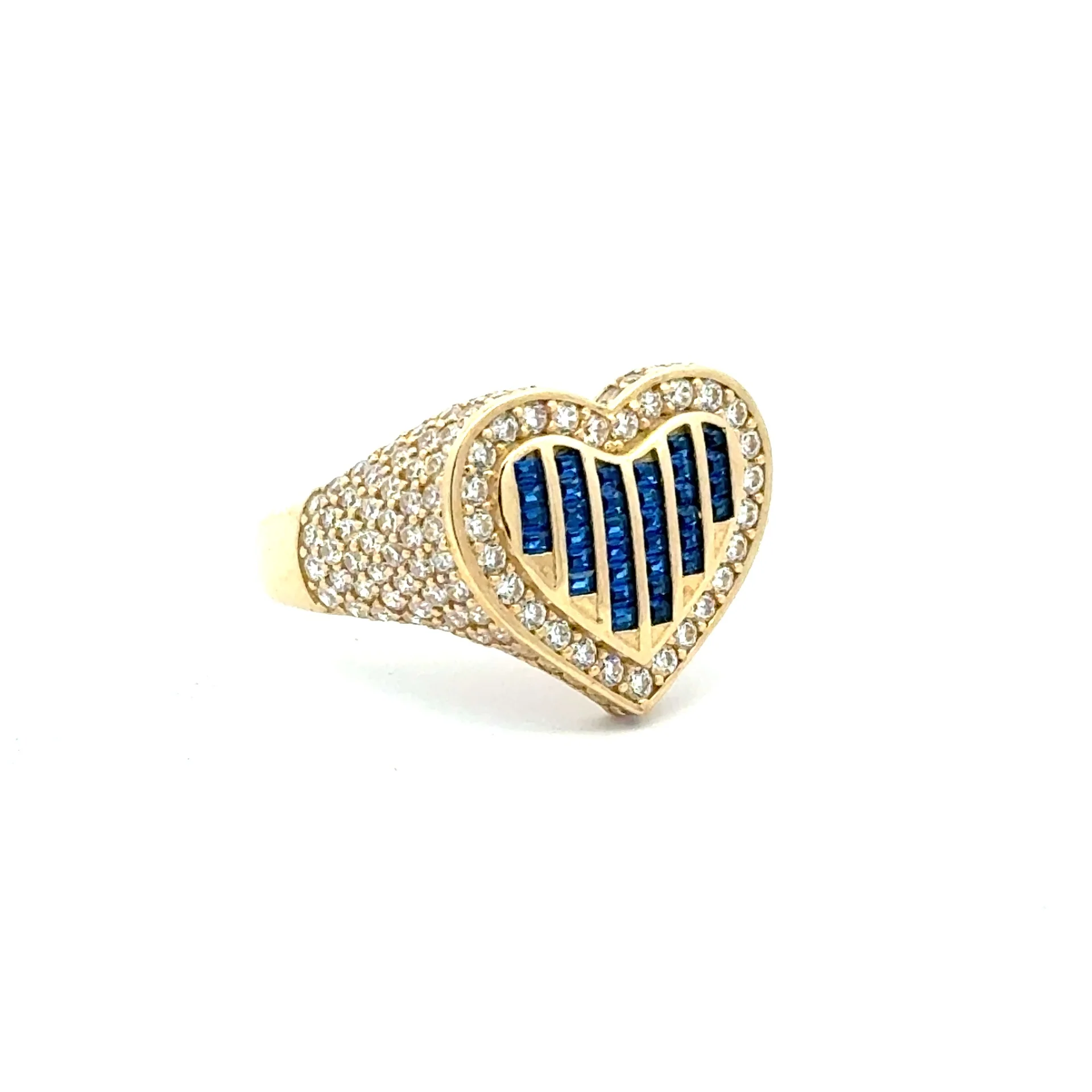 Ring CZ-Iced with Blue Baguette Stones in Heart 9 3.5mm 10K