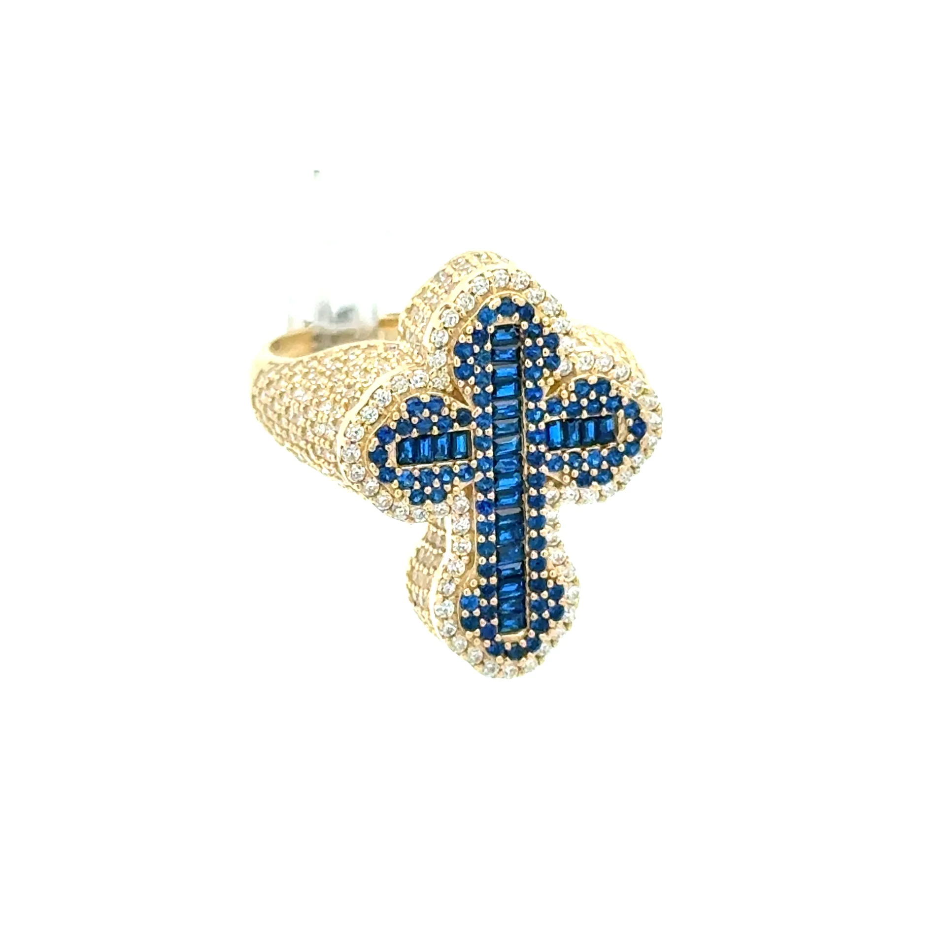 Ring CZ-Iced with Blue Baguette Stones in Trefoil Cross 11 3.5mm 10K