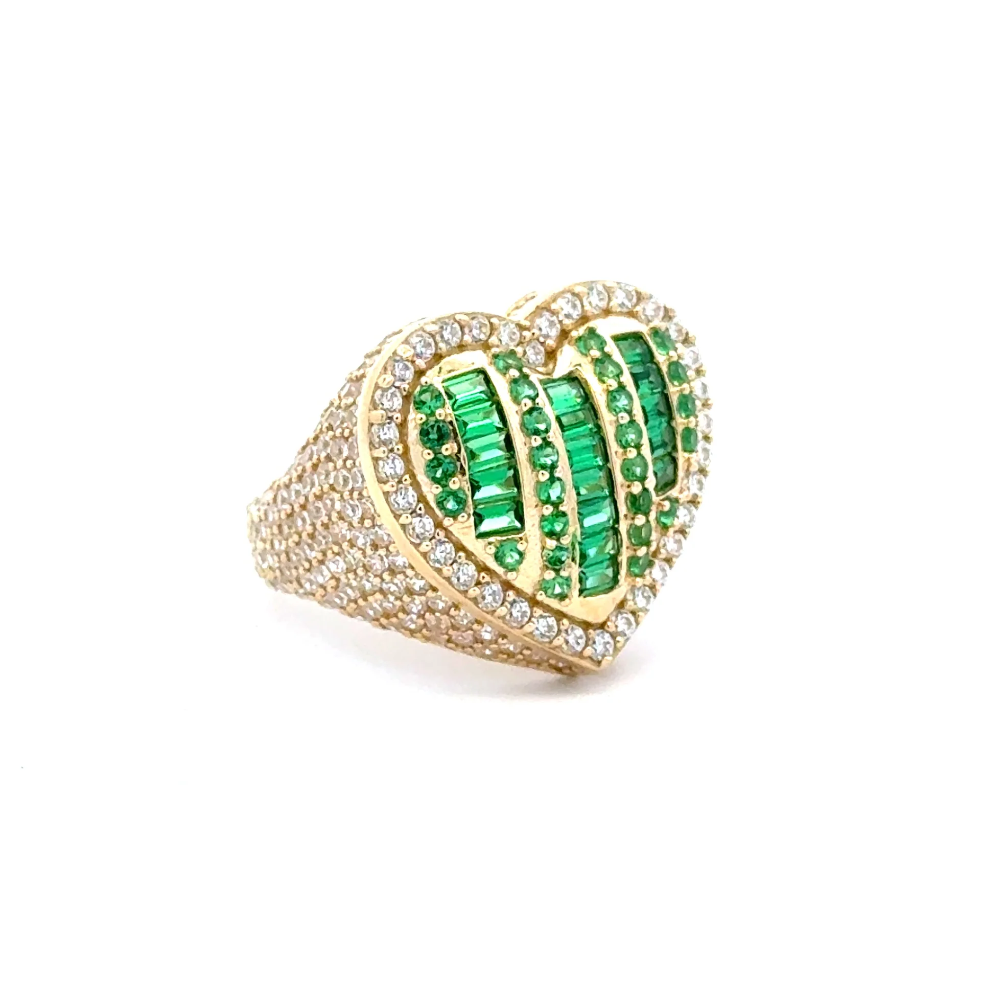 Ring CZ-Iced with Green Baguette Stones in Big Puff Heart 7.5 3.5mm 10K - Image 3