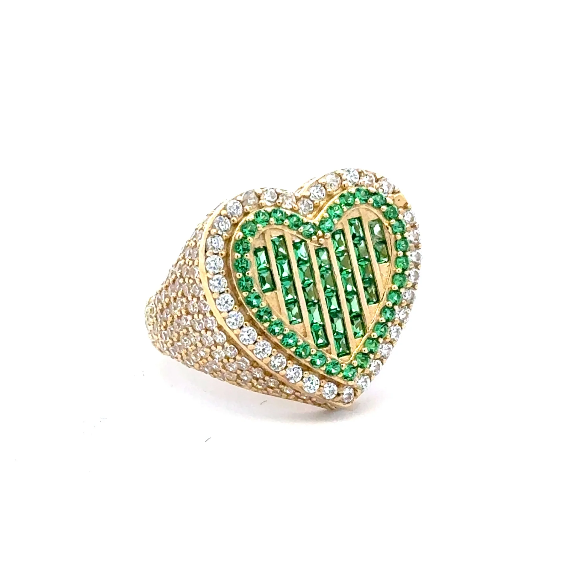 Ring CZ-Iced with Green Baguette Stones in Big Stepped Heart 9 3.5mm 10K