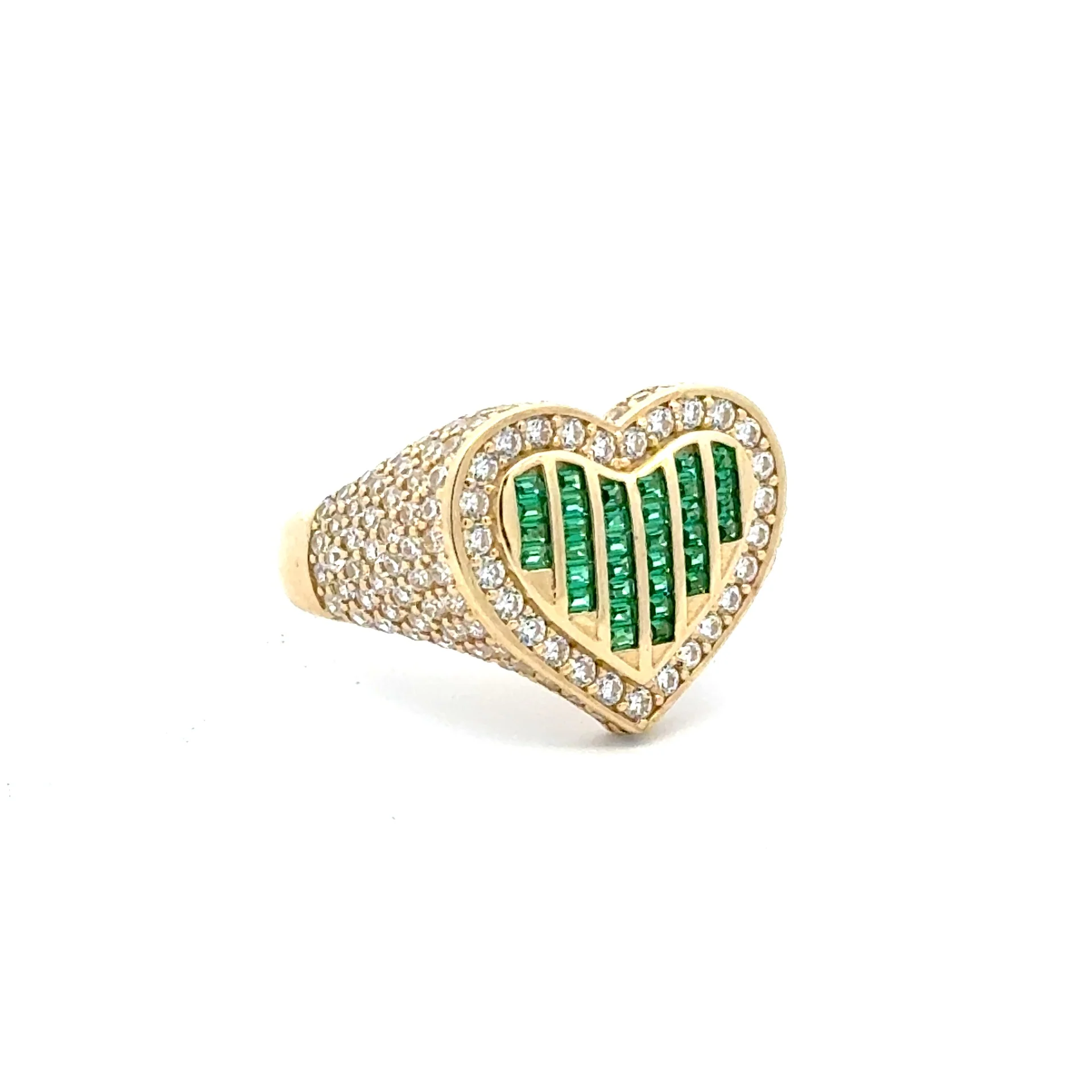 Ring CZ-Iced with Green Baguette Stones in Heart 9 3.5mm 10K