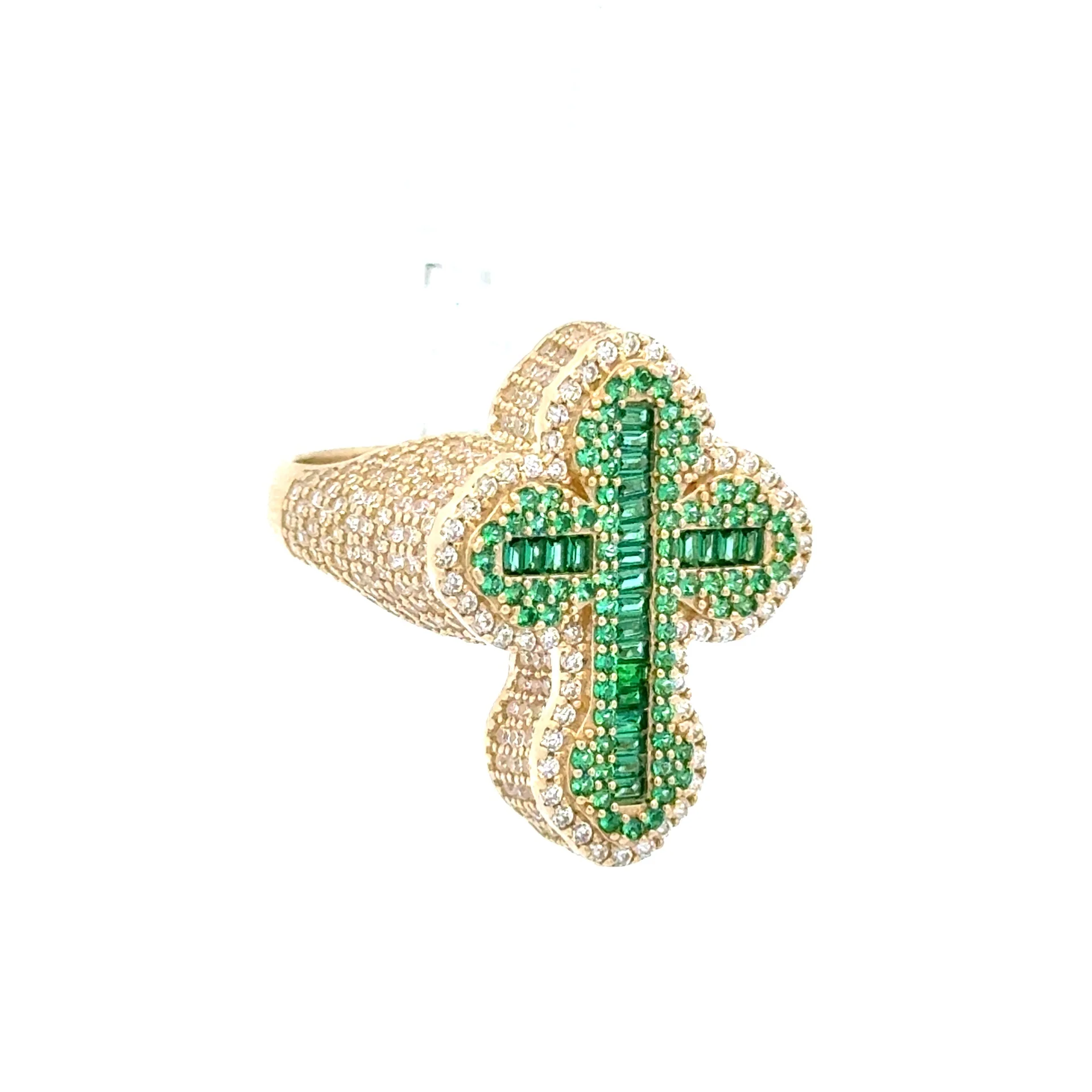 Ring CZ-Iced with Green Baguette Stones in Trefoil Cross 11 3.5mm 10K