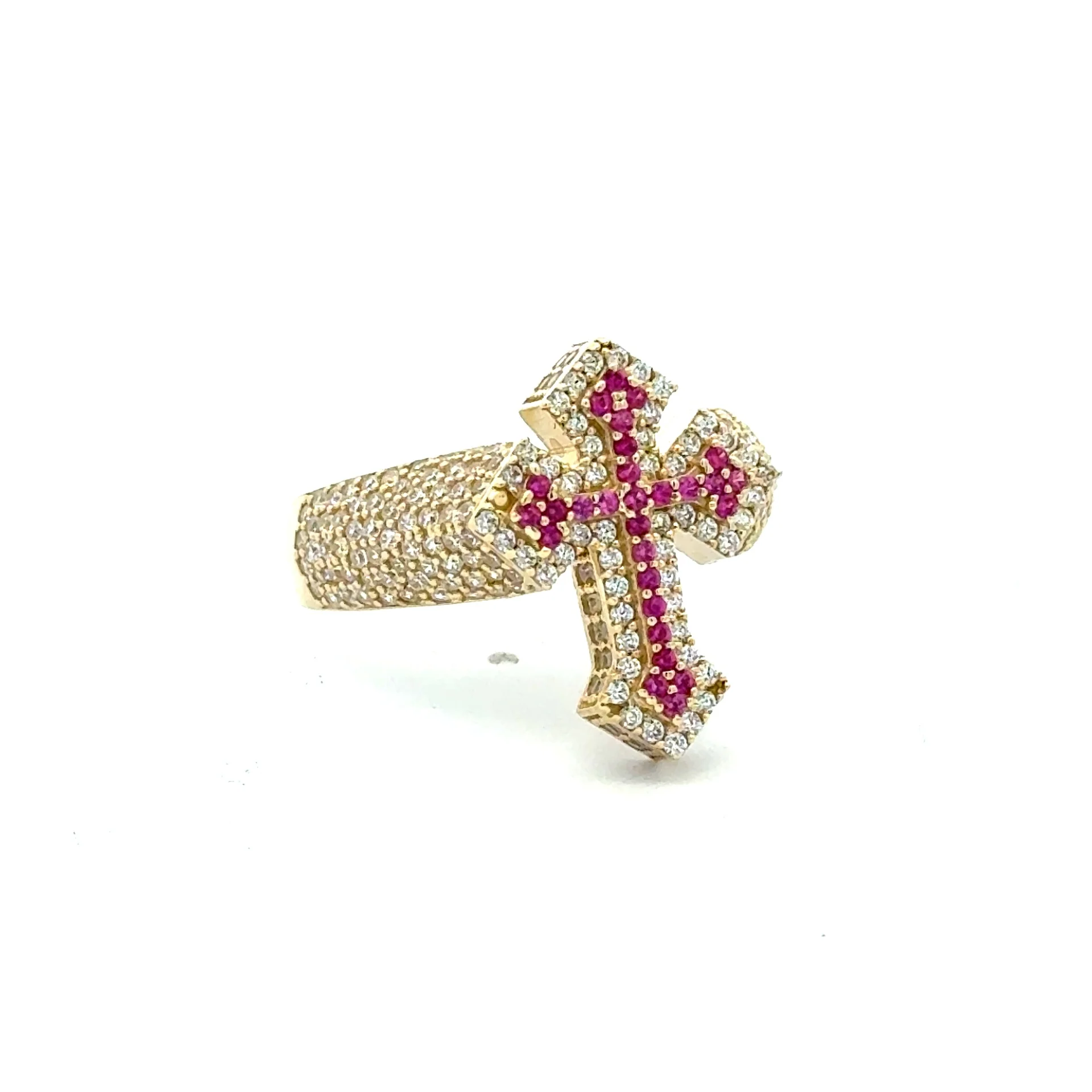 Ring CZ-Iced with Pink Angular Cross 11 3.5mm 10K