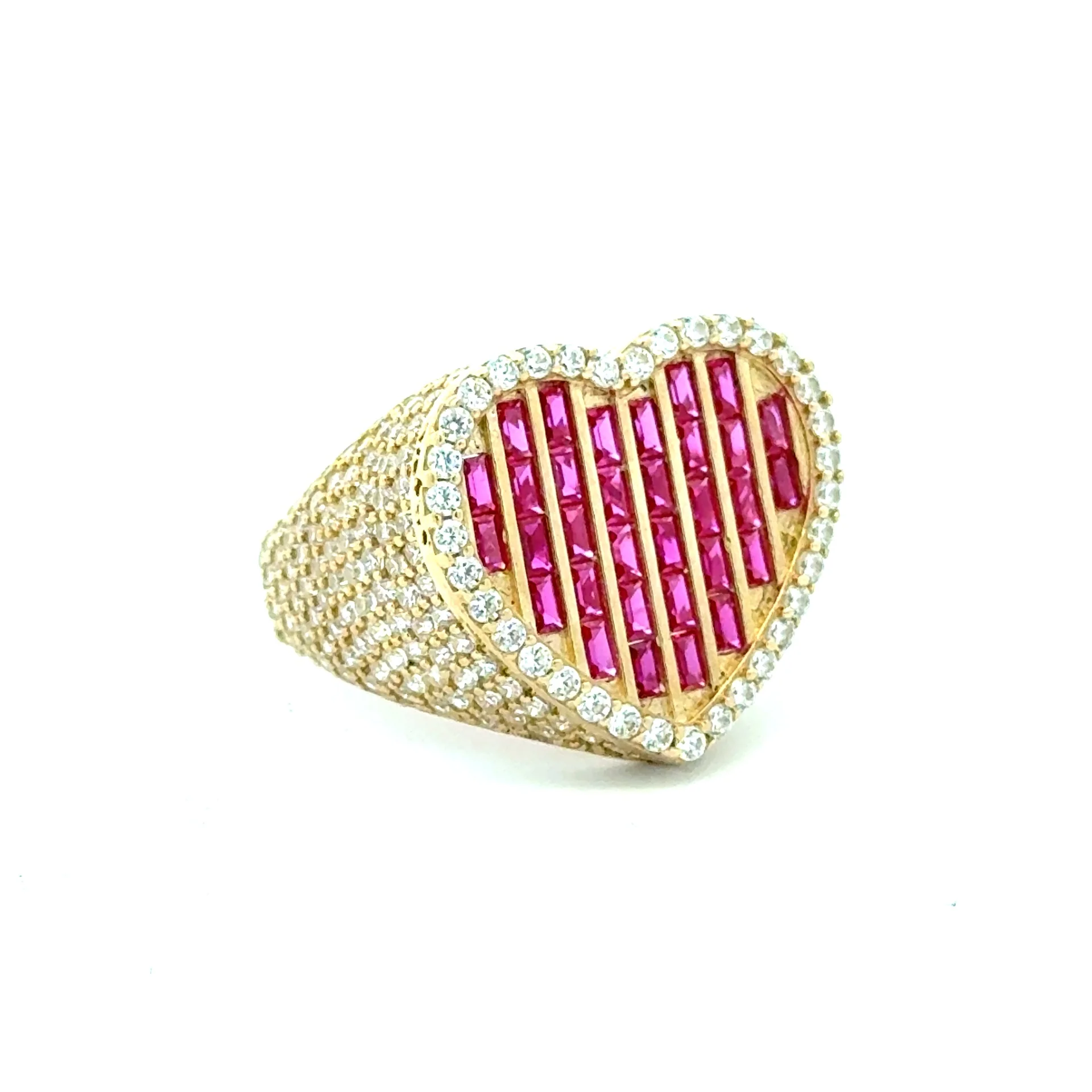 Ring CZ-Iced with Pink Baguette Stones in Big Heart 9.5 3.5mm 10K - Image 2
