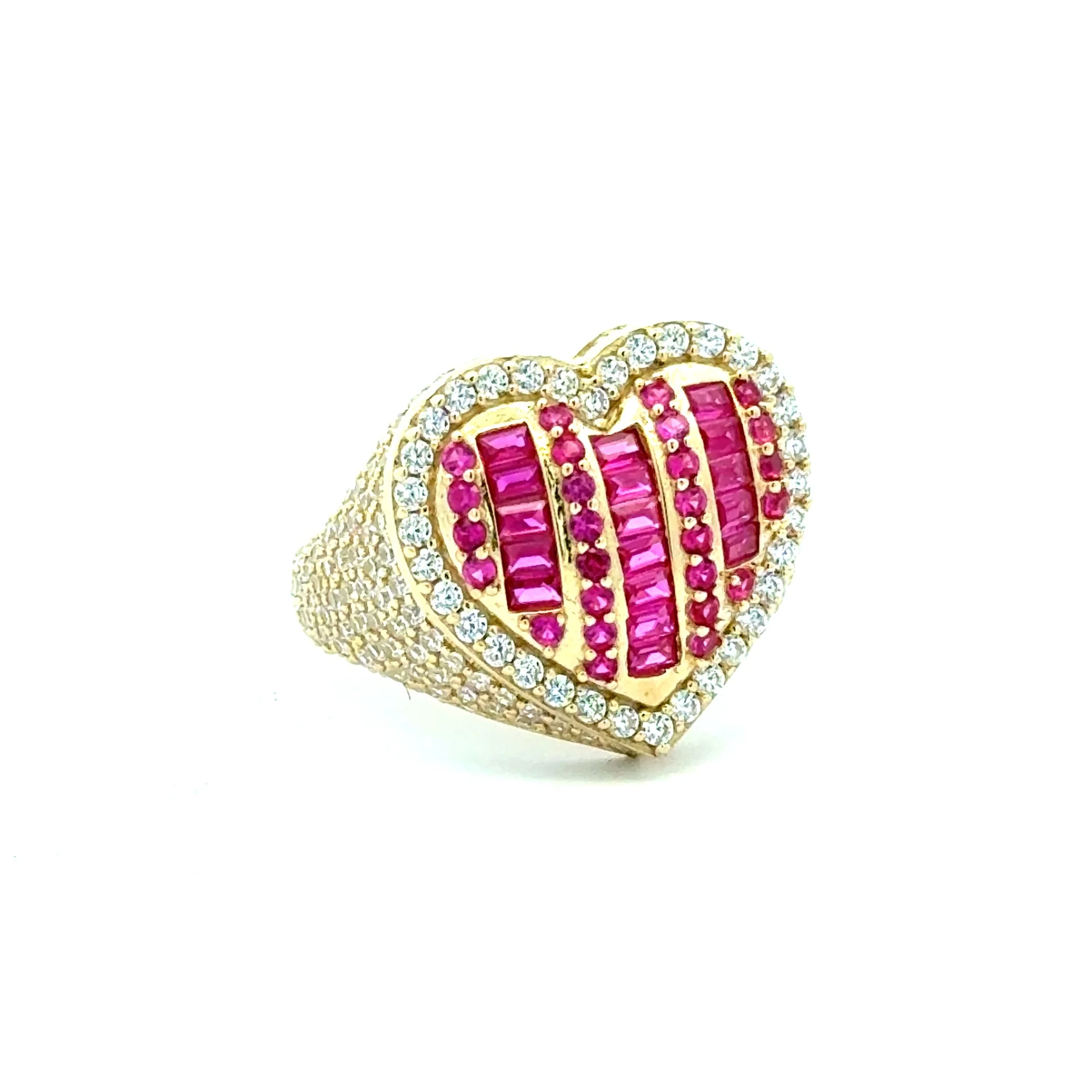 Ring CZ-Iced with Pink Baguette Stones in Big Puff Heart 7 3.5mm 10K