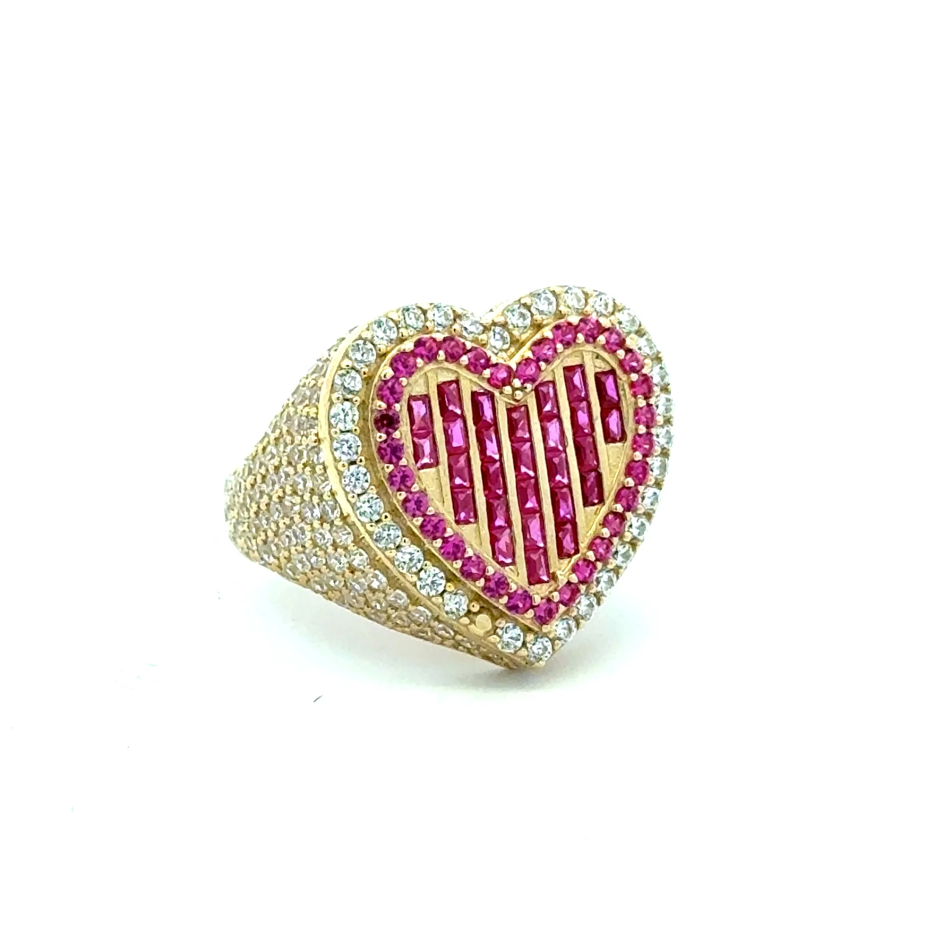 Ring CZ-Iced with Pink Baguette Stones in Big Stepped Heart 7 3.5mm 10K - Image 3
