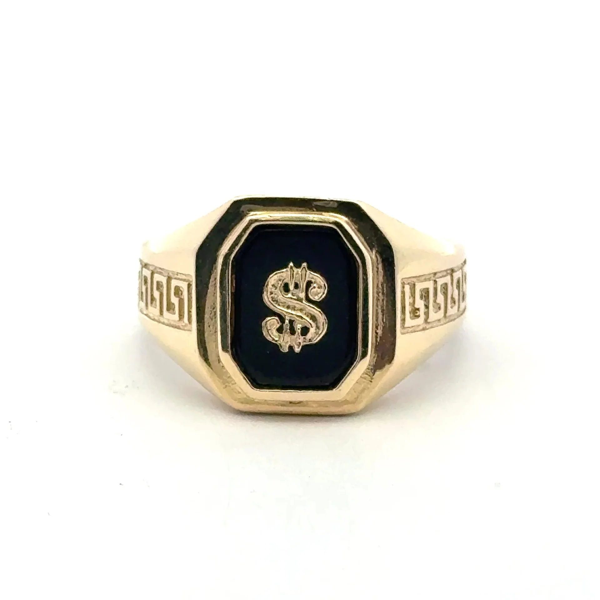 Ring Greek Key and Dollar Sign on Onyx 10.5 4mm 10K - Image 3