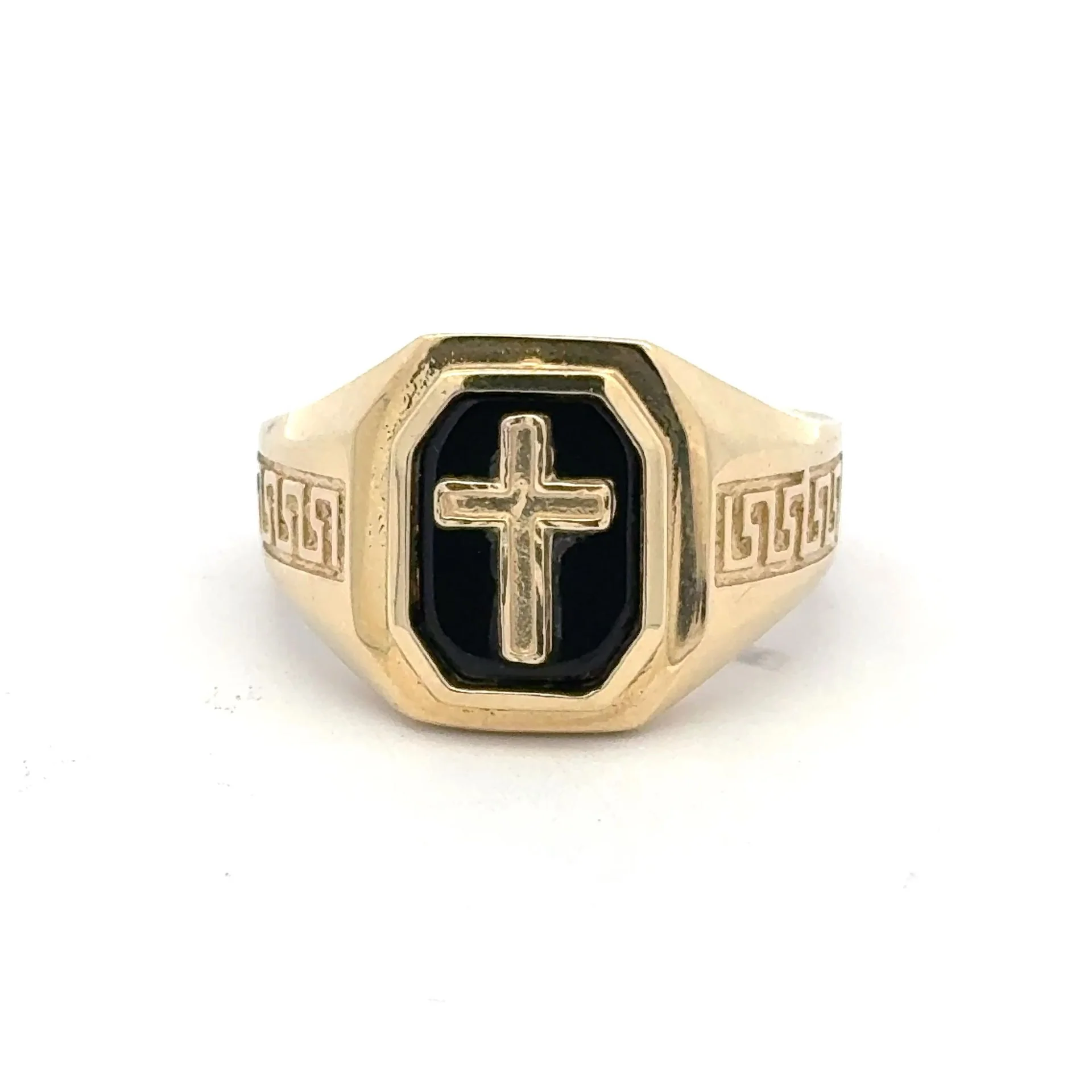 Ring Greek Key and Latin Cross on Onyx 10.5 4mm 10K - Image 2