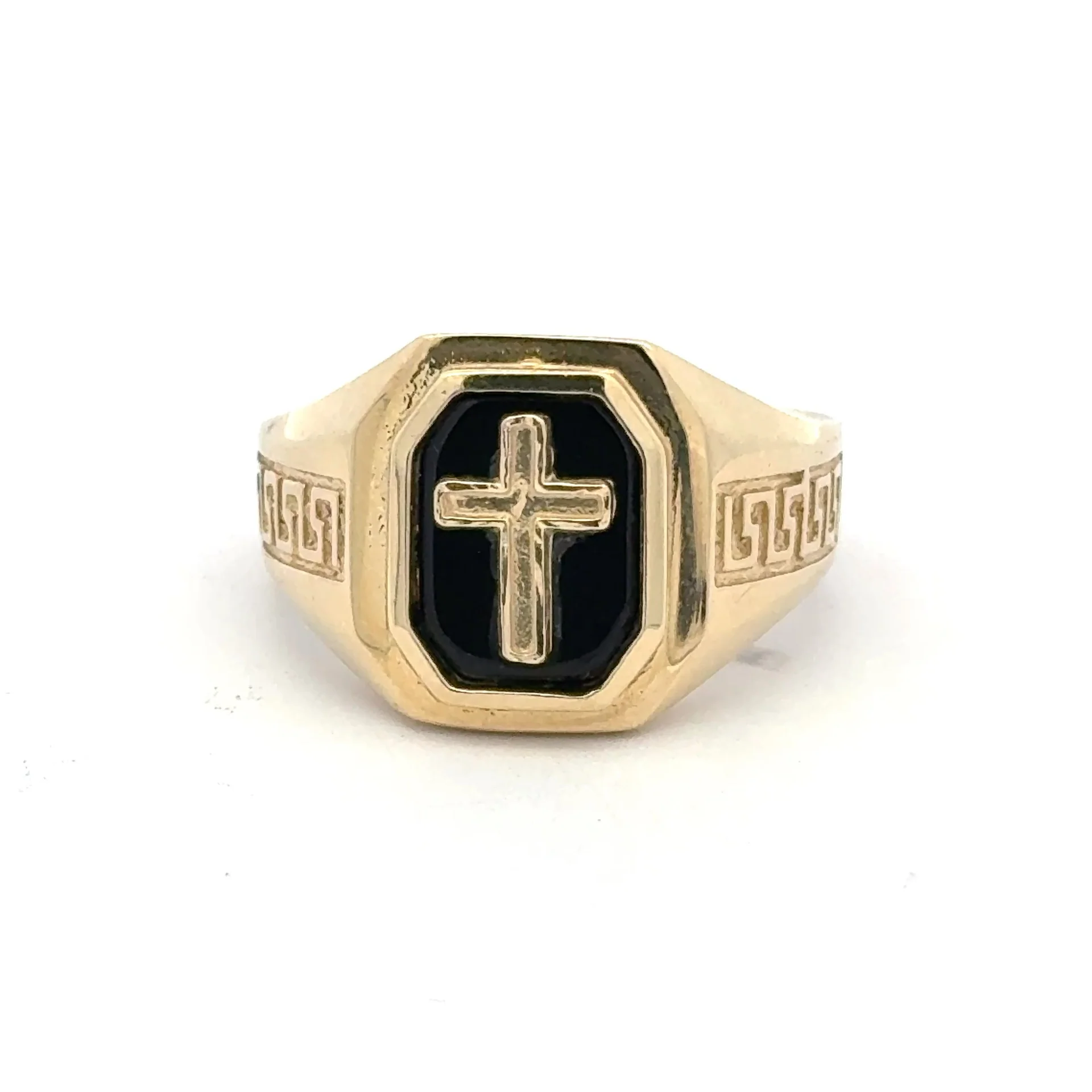 Ring Greek Key and Latin Cross on Onyx 10.5 4mm 10K - Image 3