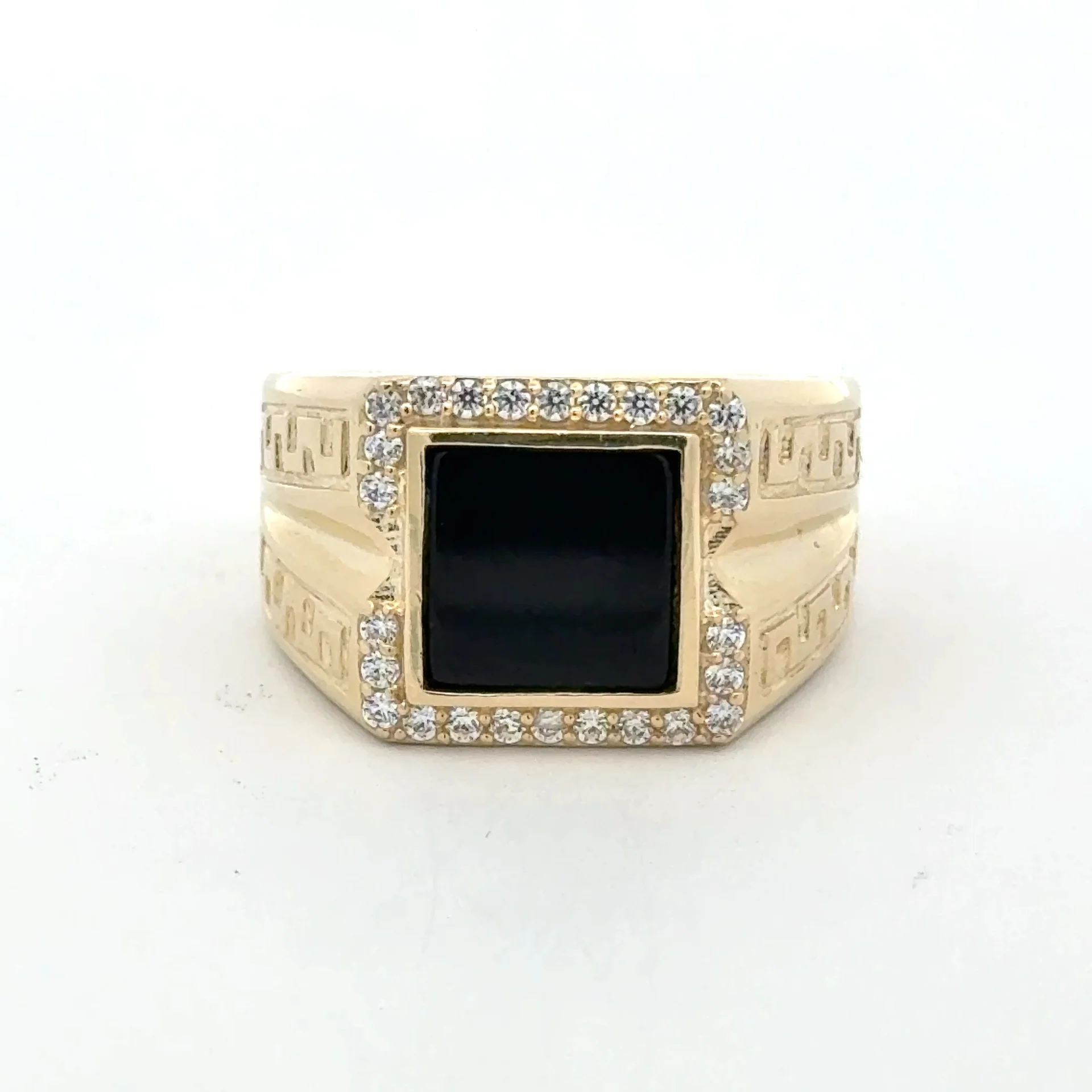Ring Greek Key V-Pattern with Dollar Sign on Onyx & CZ 11 5.5mm 10K