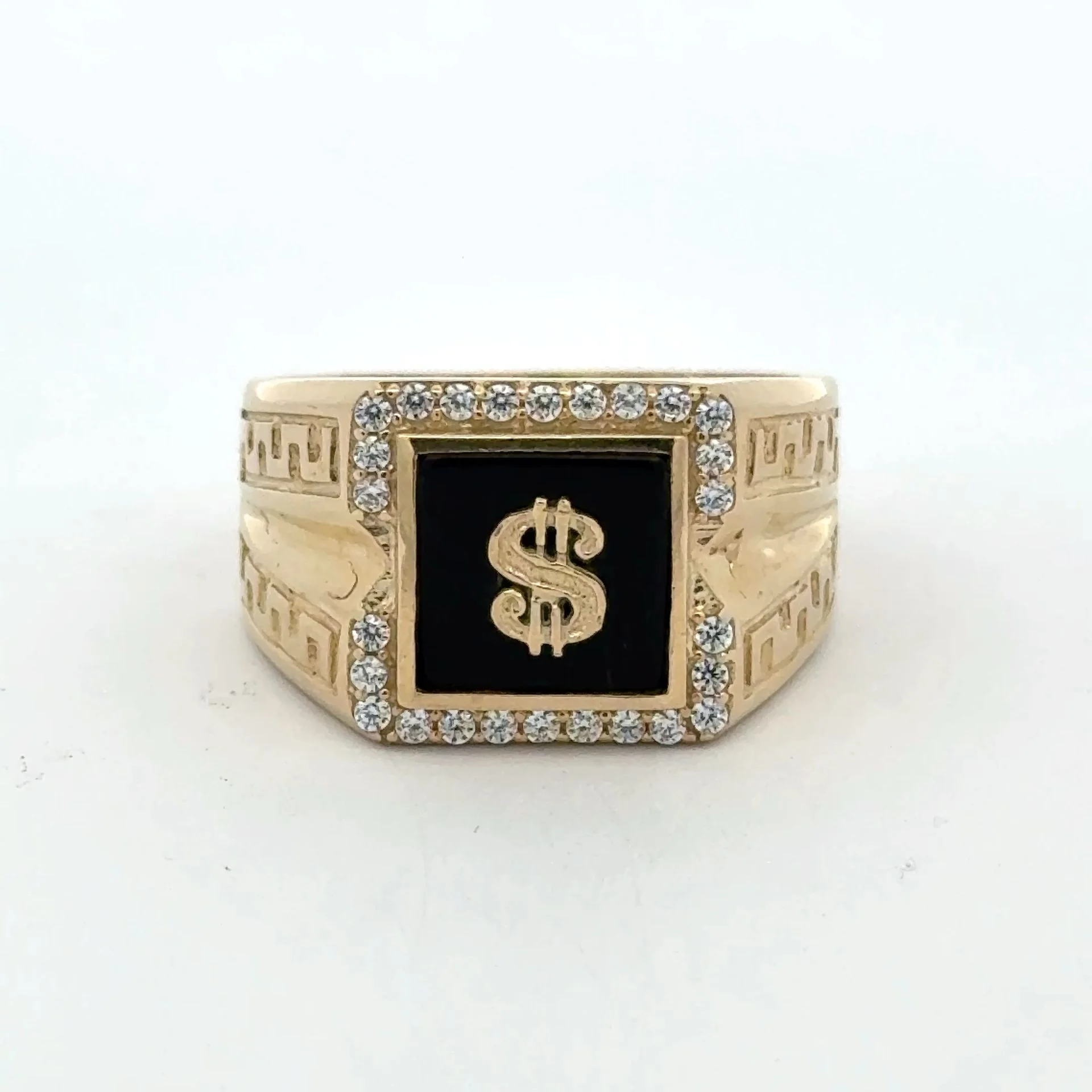 Ring Greek Key V-Pattern with Dollar Sign on Onyx & CZ 11 5.5mm 10K - Image 2