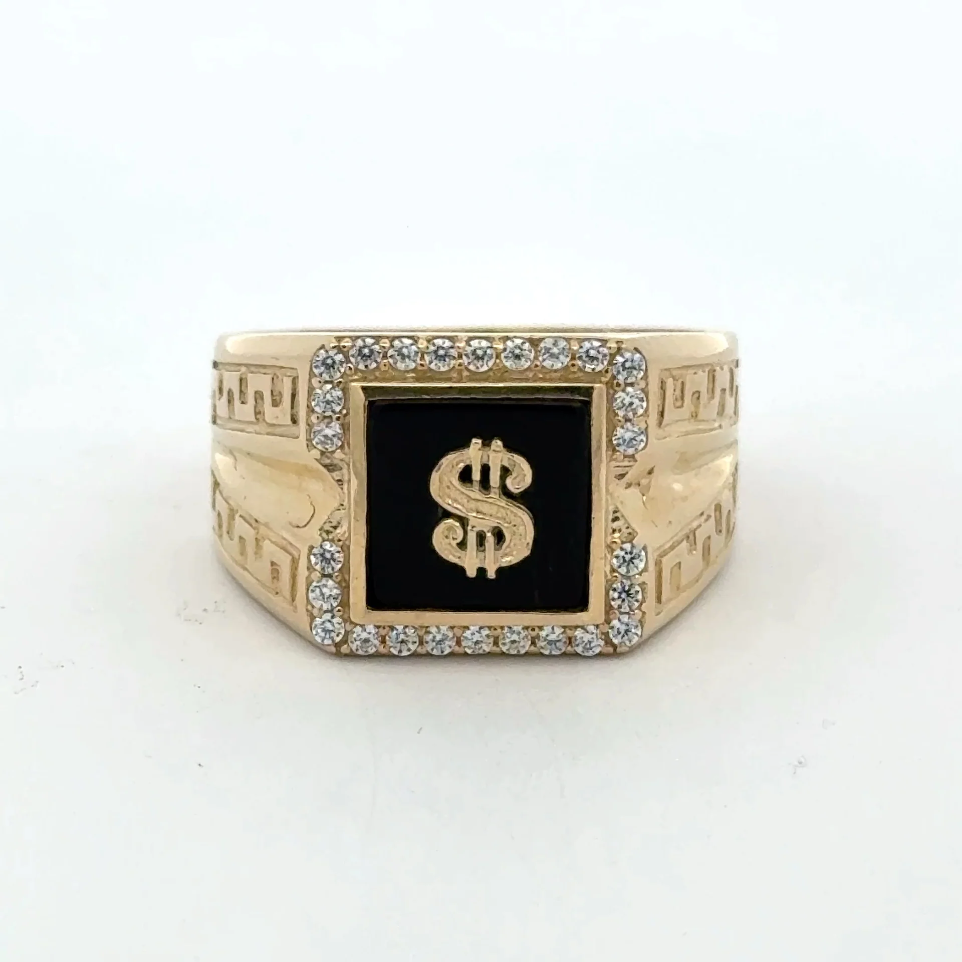 Ring Greek Key V-Pattern with Dollar Sign on Onyx & CZ 11 5.5mm 10K - Image 3