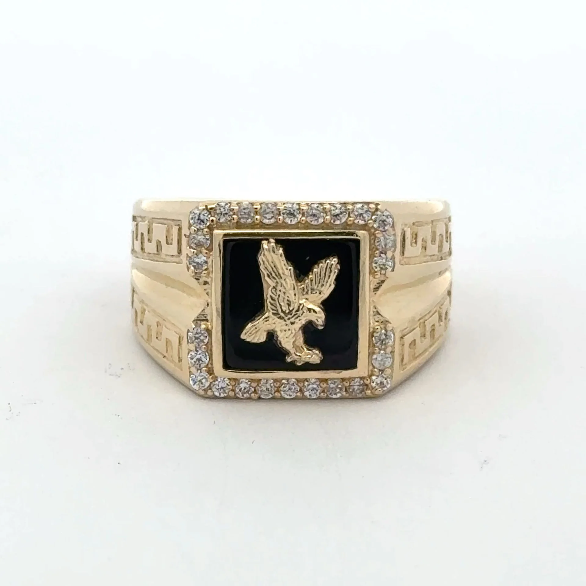 Ring Greek Key V-Pattern with Eagle on Onyx & CZ 11 5.5mm 10K