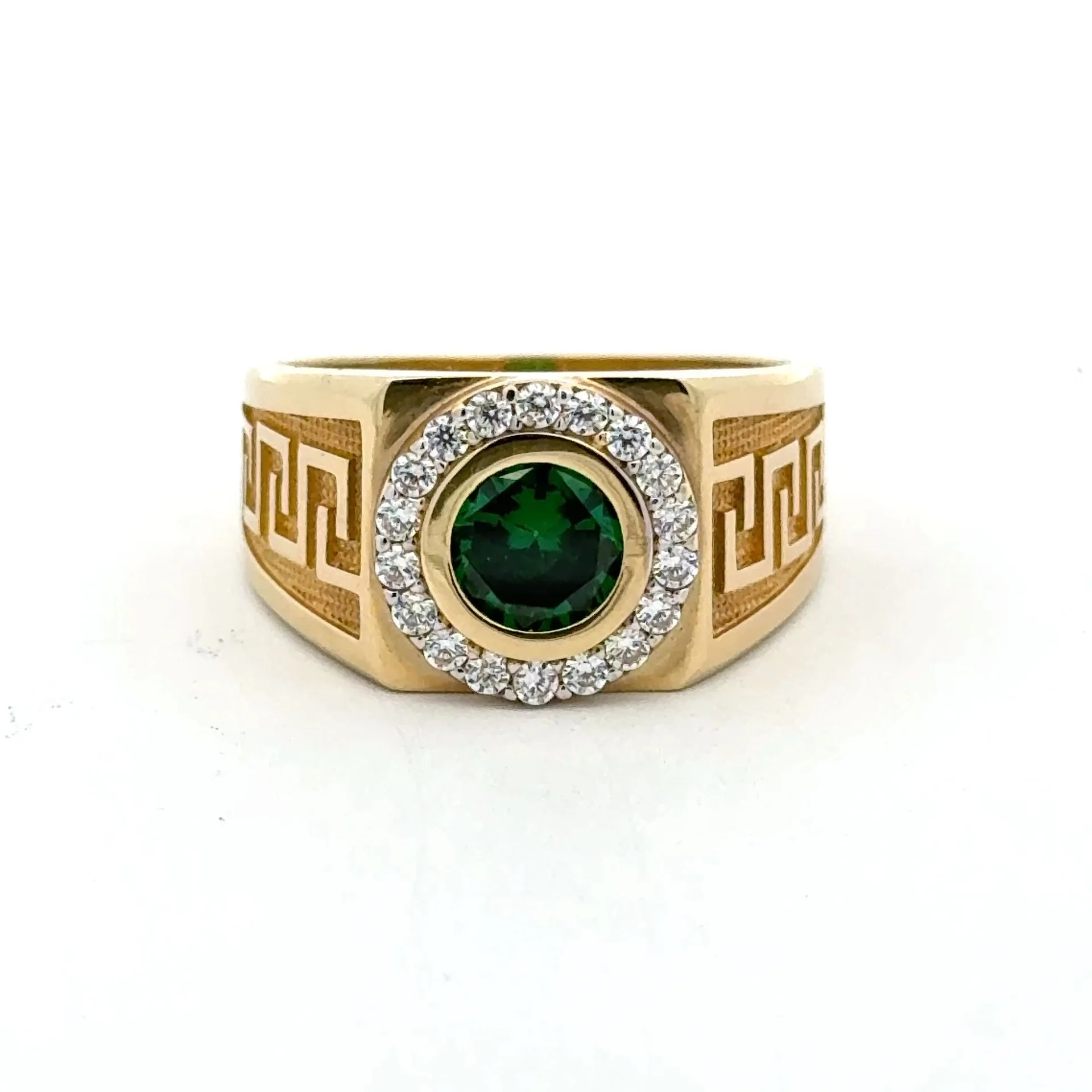 Ring Greek Key with Green Round Stone & CZ 10 3.5mm 10K
