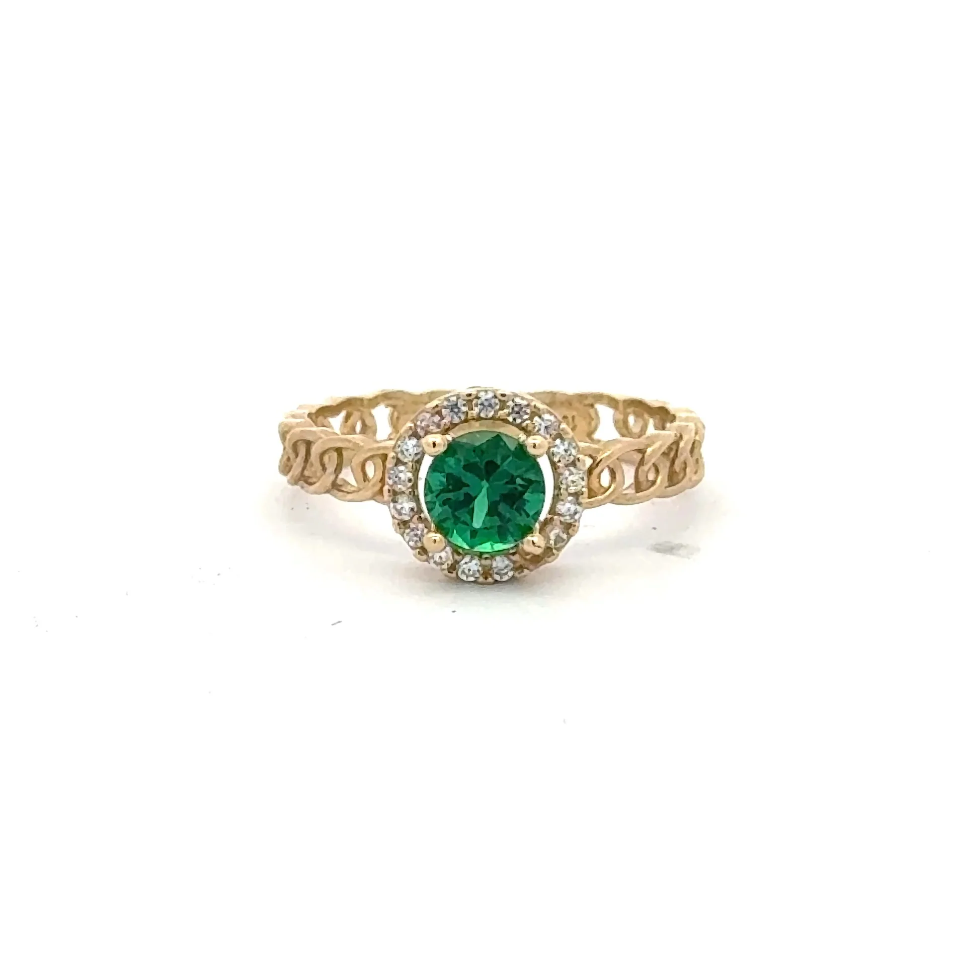Ring Link Band Green Round Stone and CZ 7 2.5mm 10K