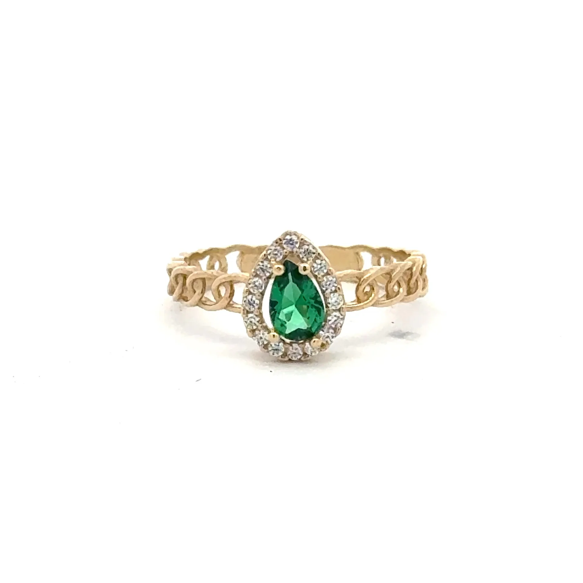 Ring Link Band Green Teardrop Stone and CZ 7 2.5mm 10K