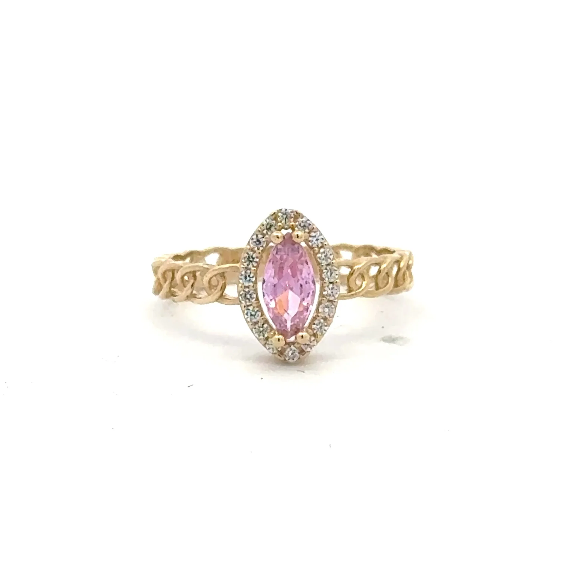 Ring Link Band Rose Cat Eye Stone and CZ 7 2.5mm 10K - Image 3