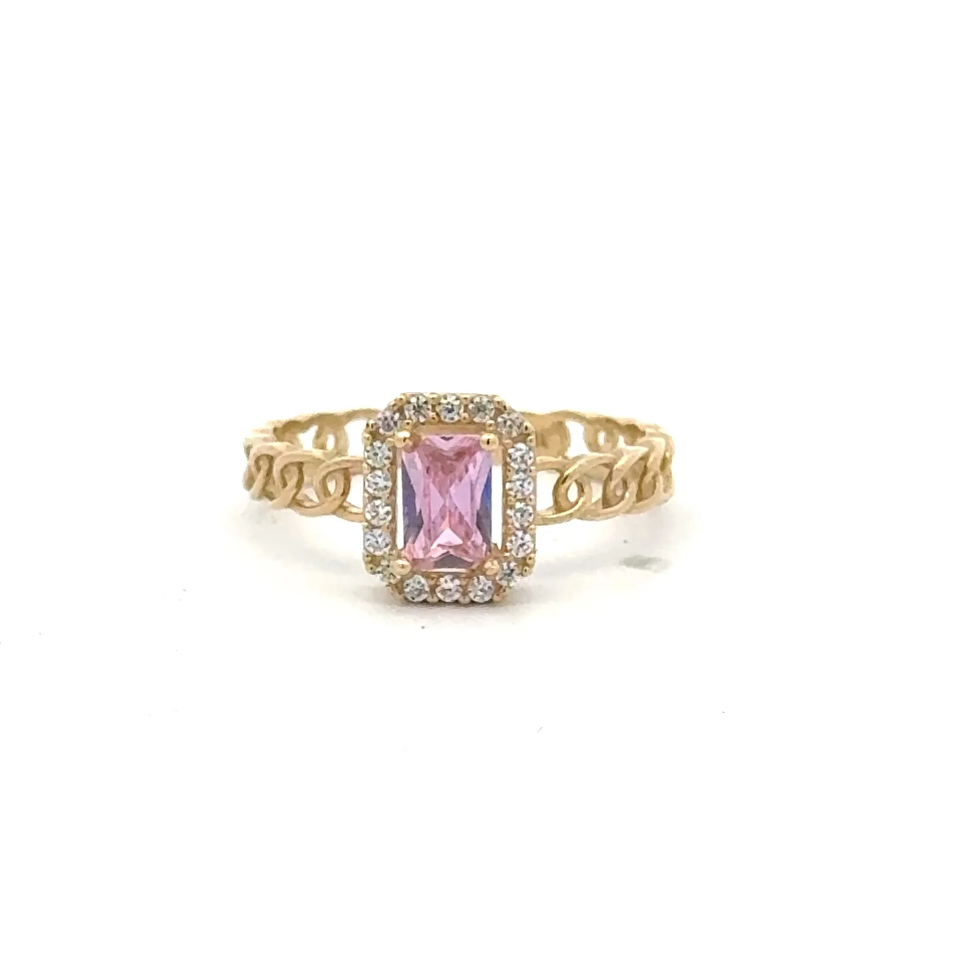 Ring Link Band Rose Rect Stone and CZ 7 2.5mm 10K