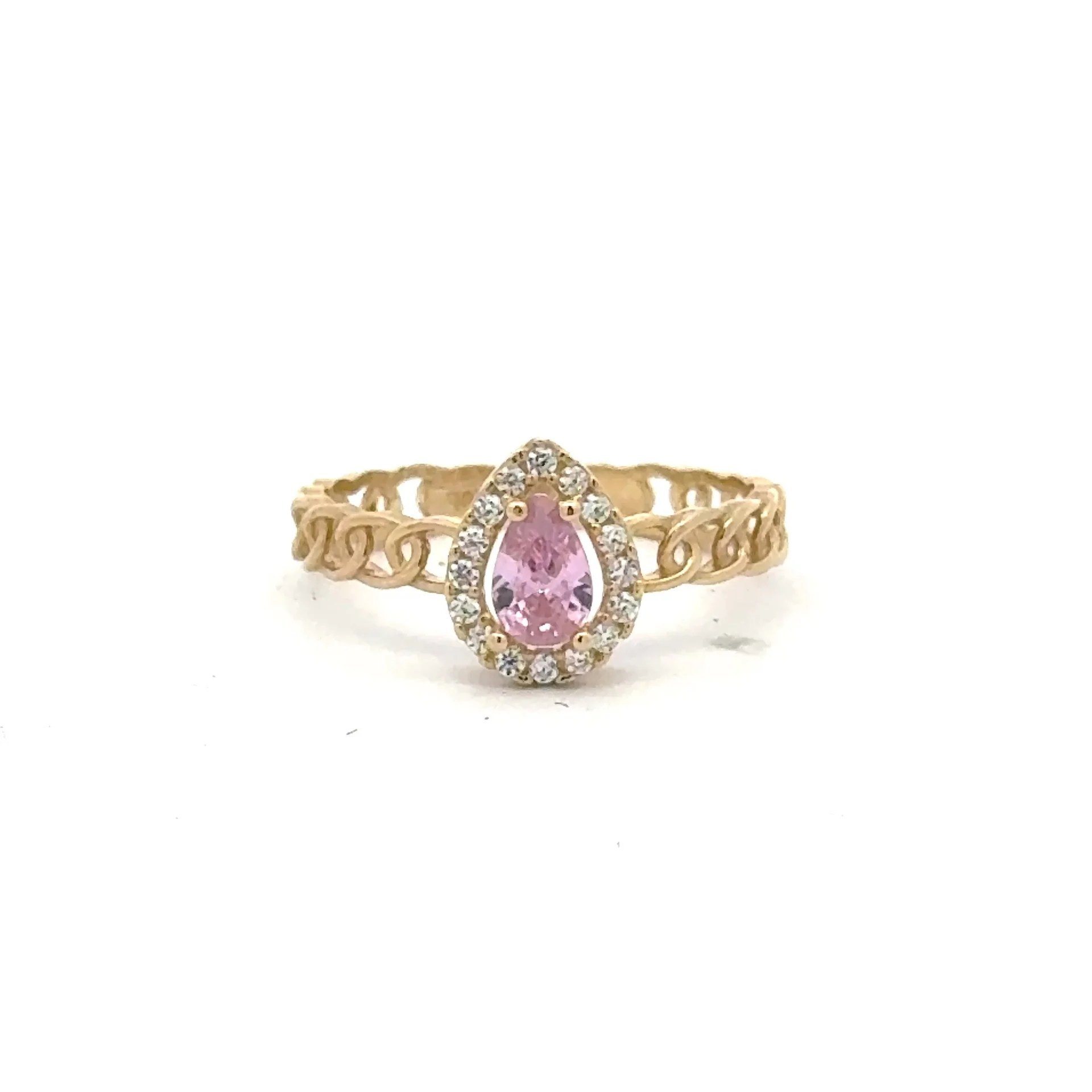 Ring Link Band Rose Teardrop Stone and CZ 7 2.5mm 10K