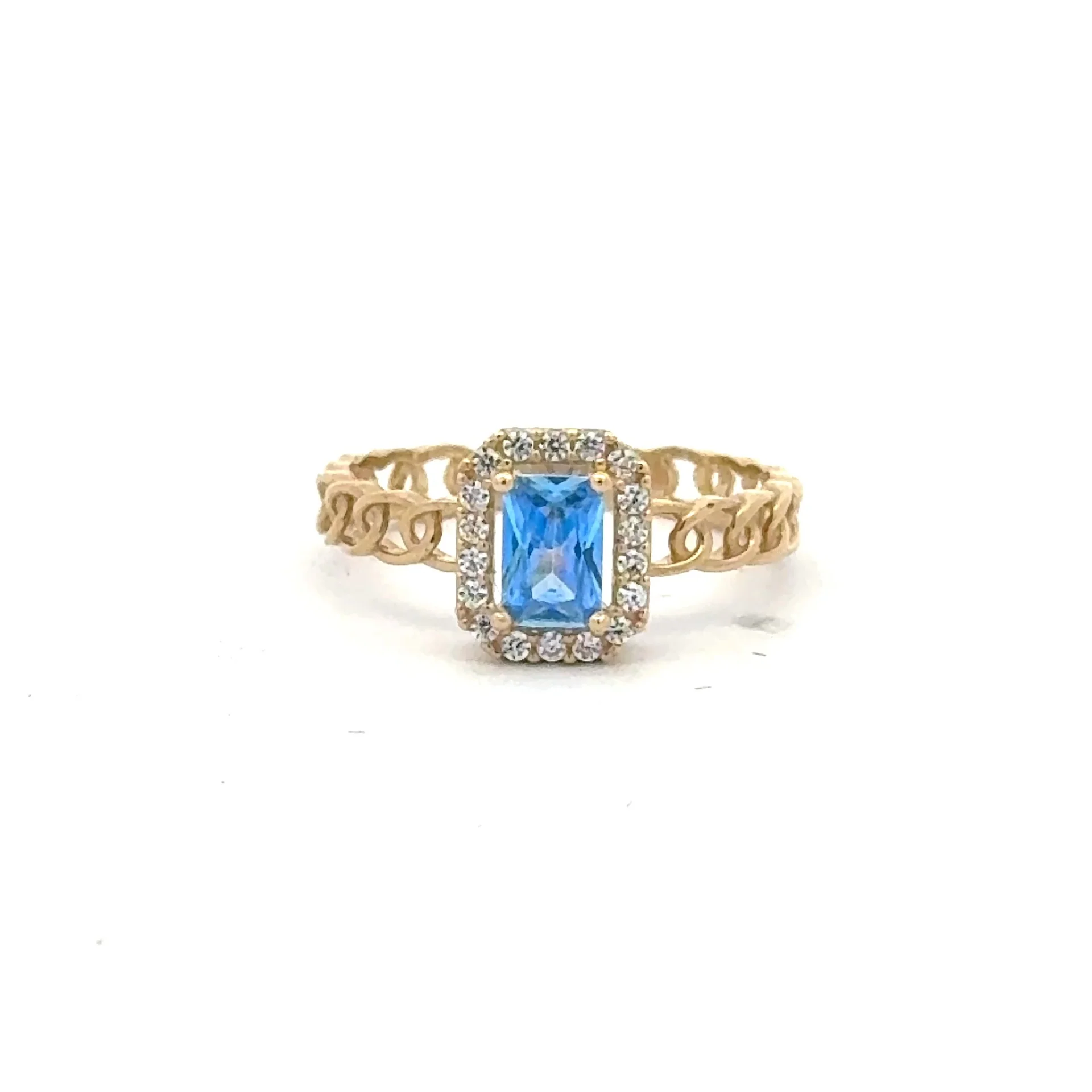 Ring Link Band Sky Blue Rect Stone and CZ 7 2.5mm 10K