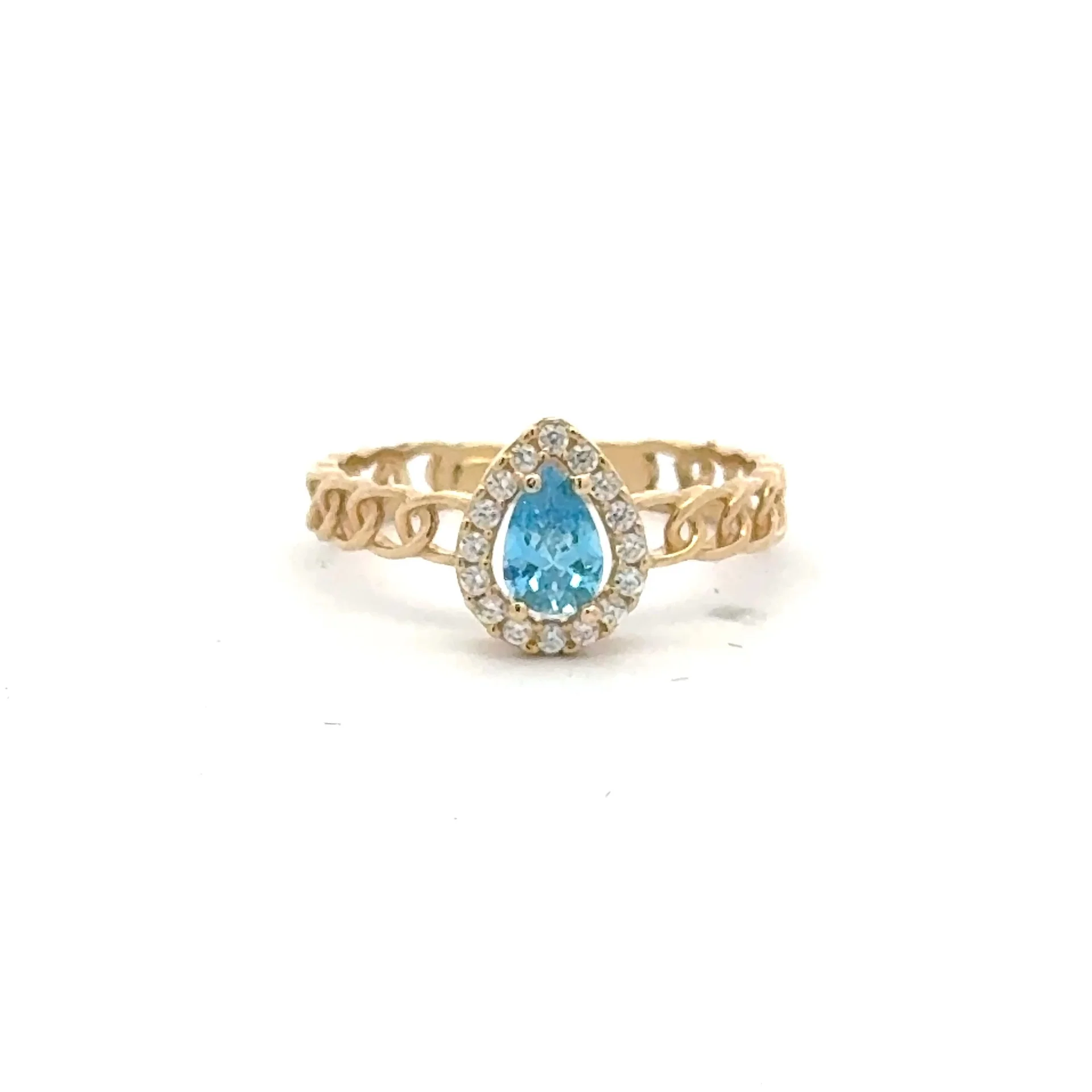 Ring Link Band Sky Blue Teardrop Stone and CZ 7 2.5mm 10K - Image 3