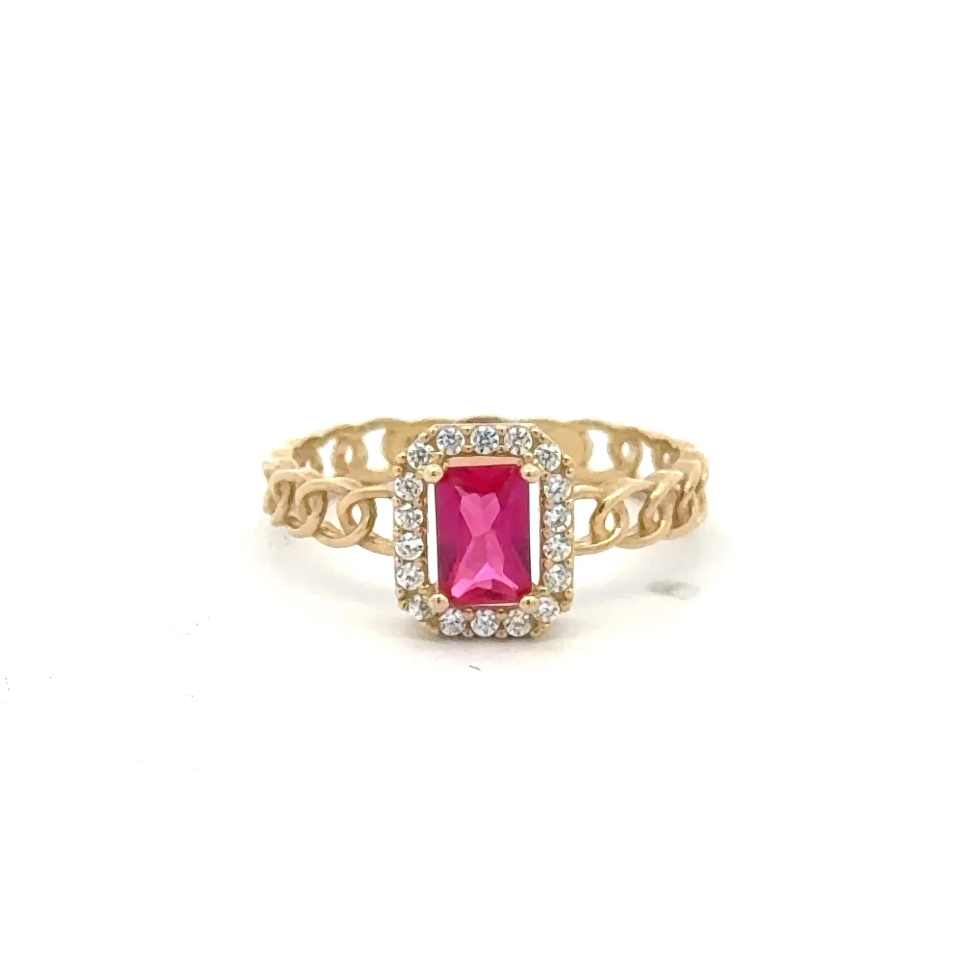 Ring Link Band Wine Rect Stone and CZ 7 2.5mm 10K