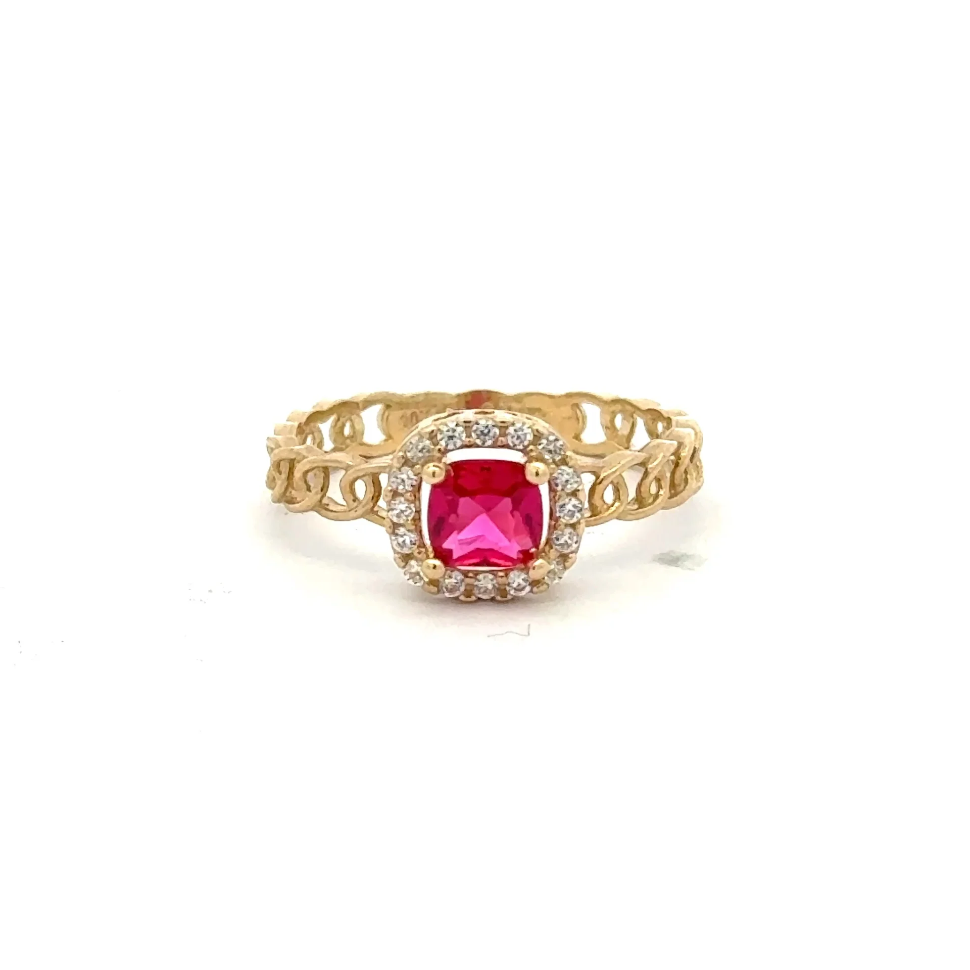 Ring Link Band Wine Square Stone and CZ 7 2.5mm 10K