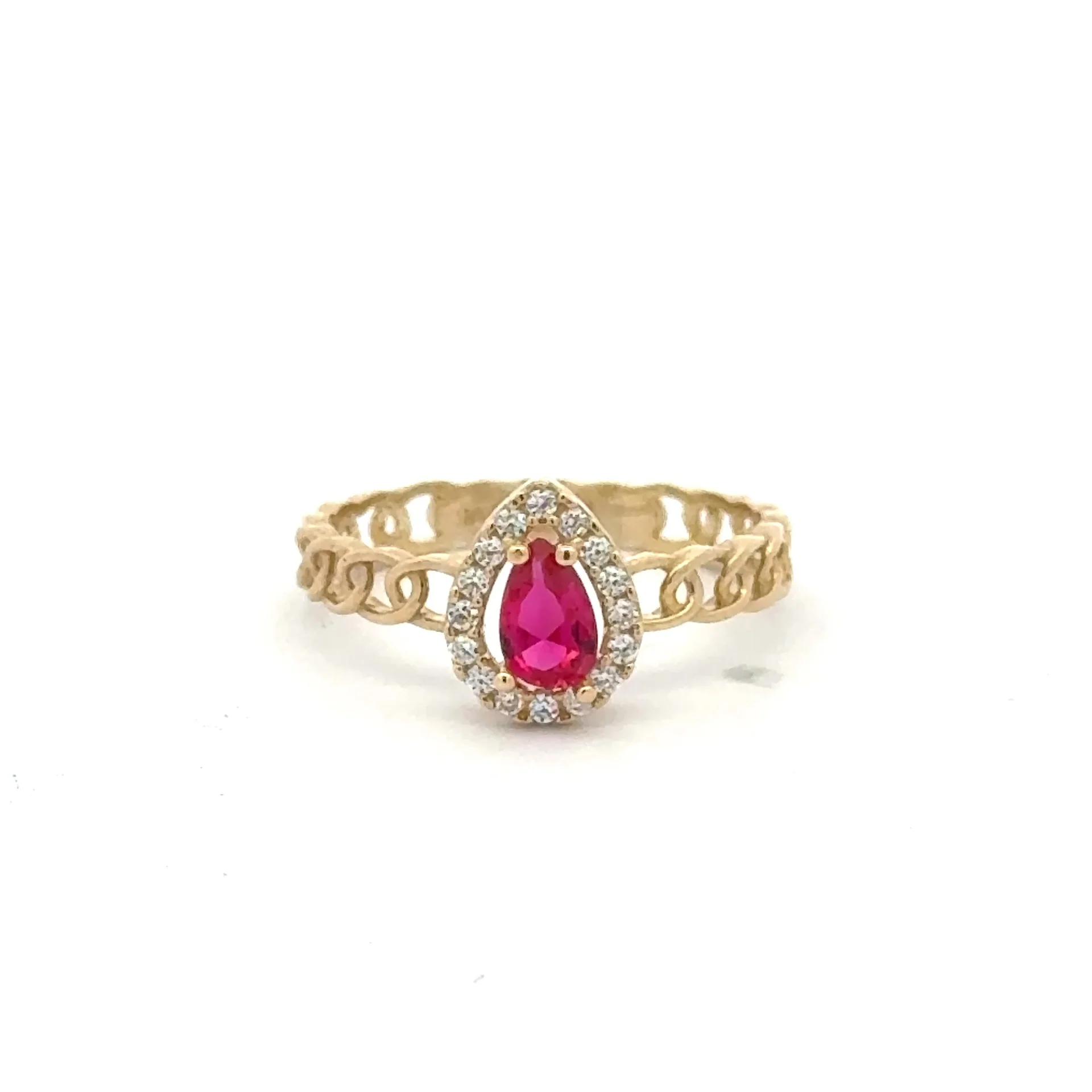 Ring Link Band Wine Teardrop Stone and CZ 7 2.5mm 10K