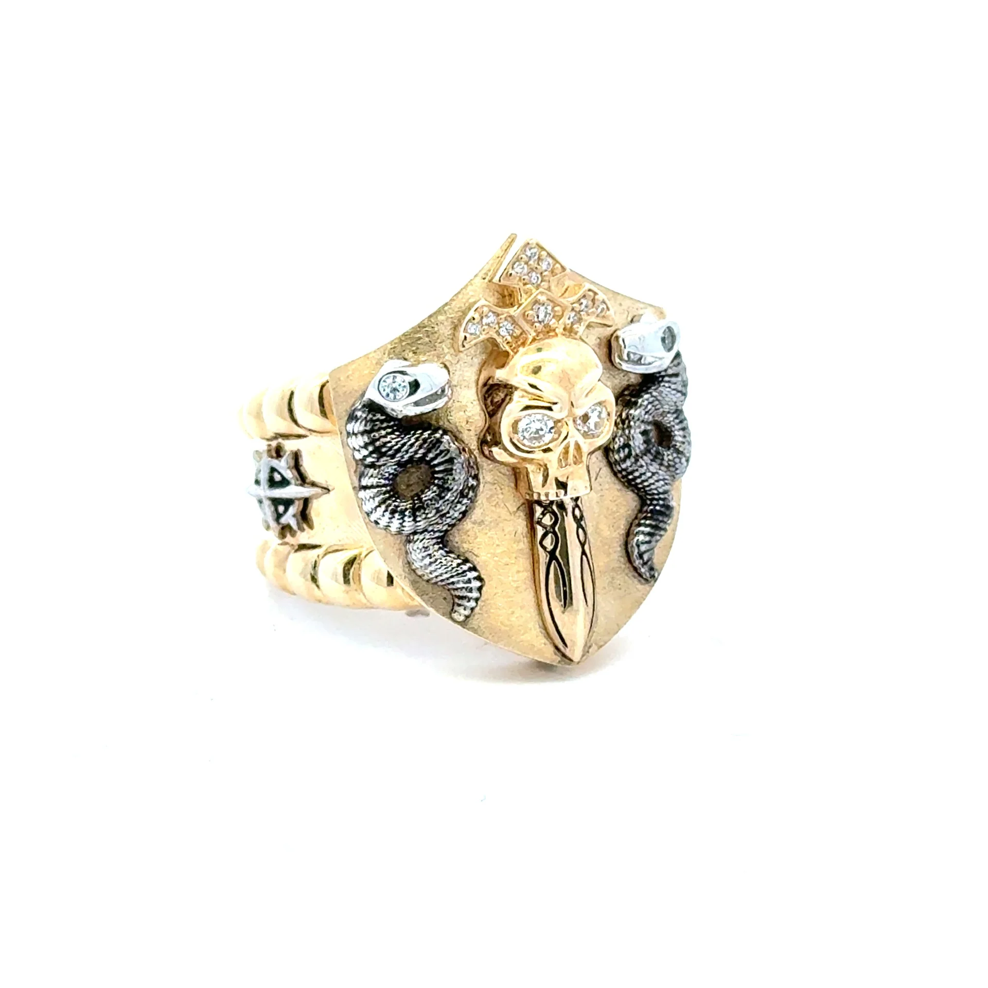 Ring Snakes & Skull Sword Shield with CZ 11.5 8.5mm 10K - Image 2