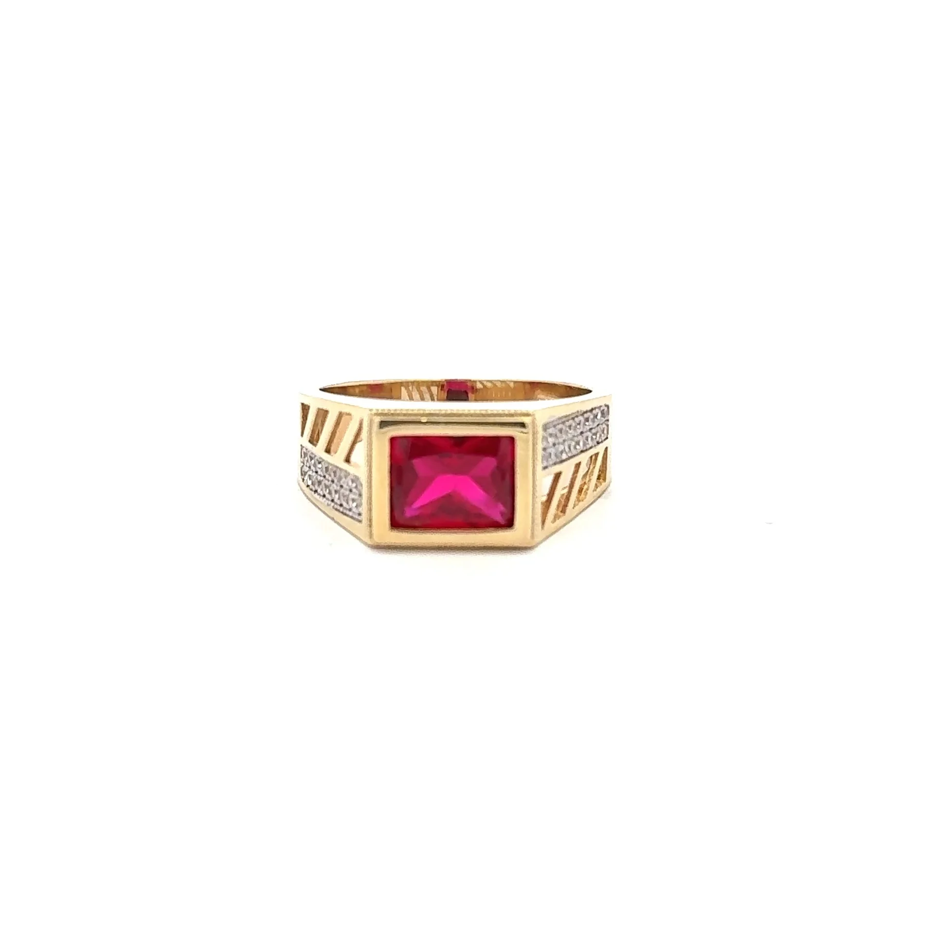 Ring Striped Openwork & CZ Accents with Wine Rect Stone 10 4mm 10K