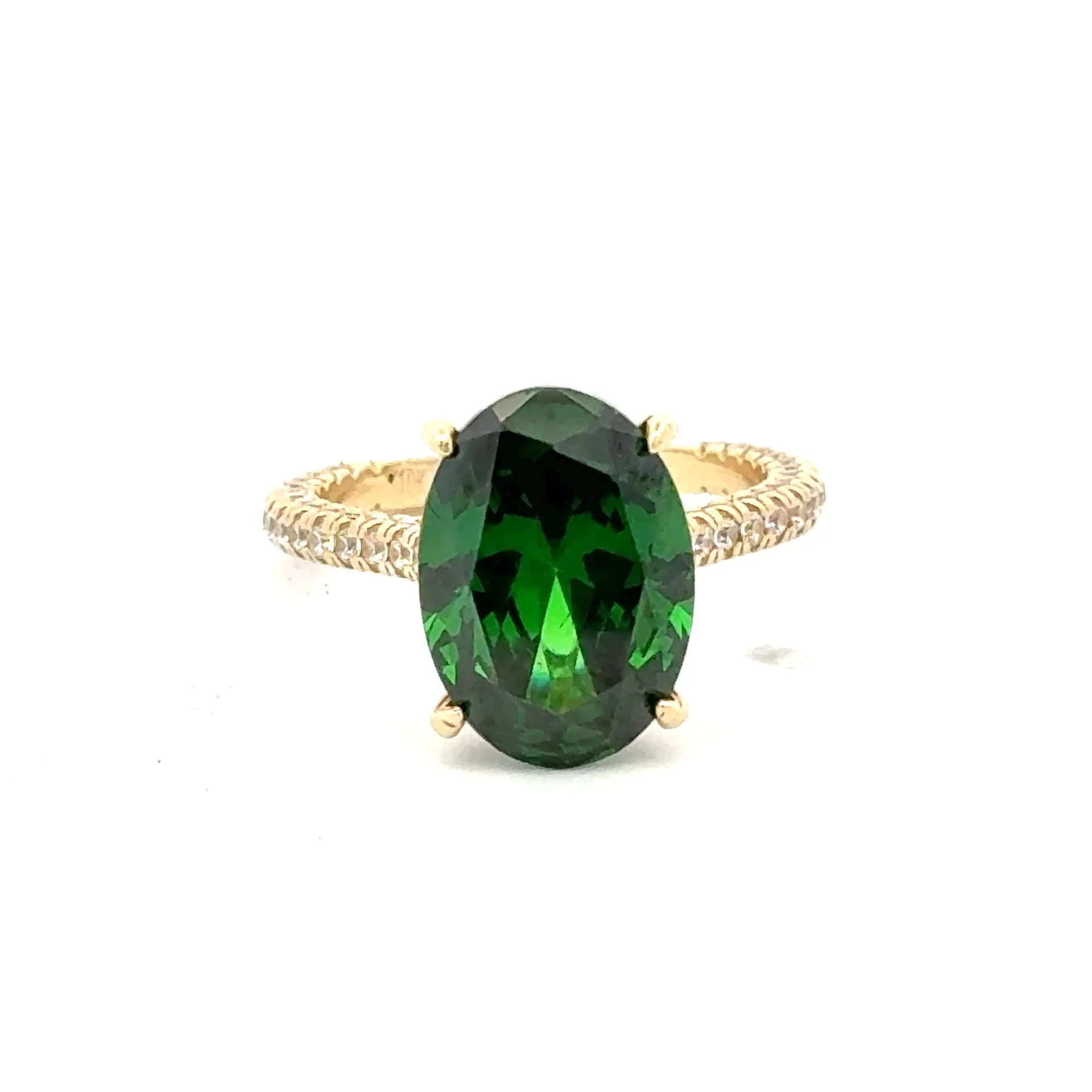 Ring Women CZ-Iced Band Green Oval Stone 7 2mm 10K