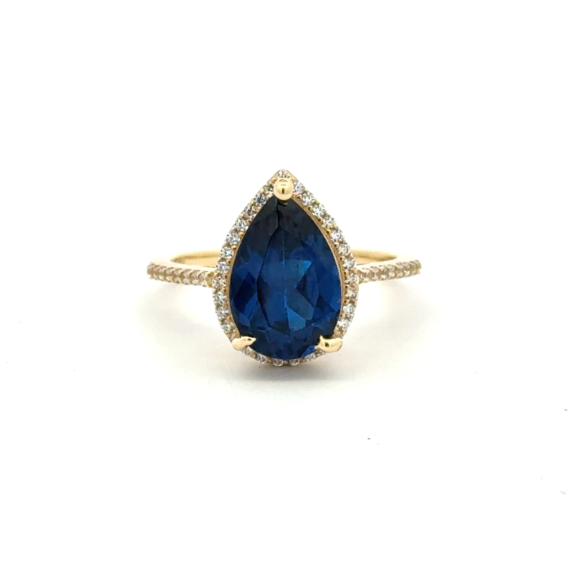 Ring Women Royal Blue Teardrop Stone and CZ 7 1.5mm 10K - Image 4