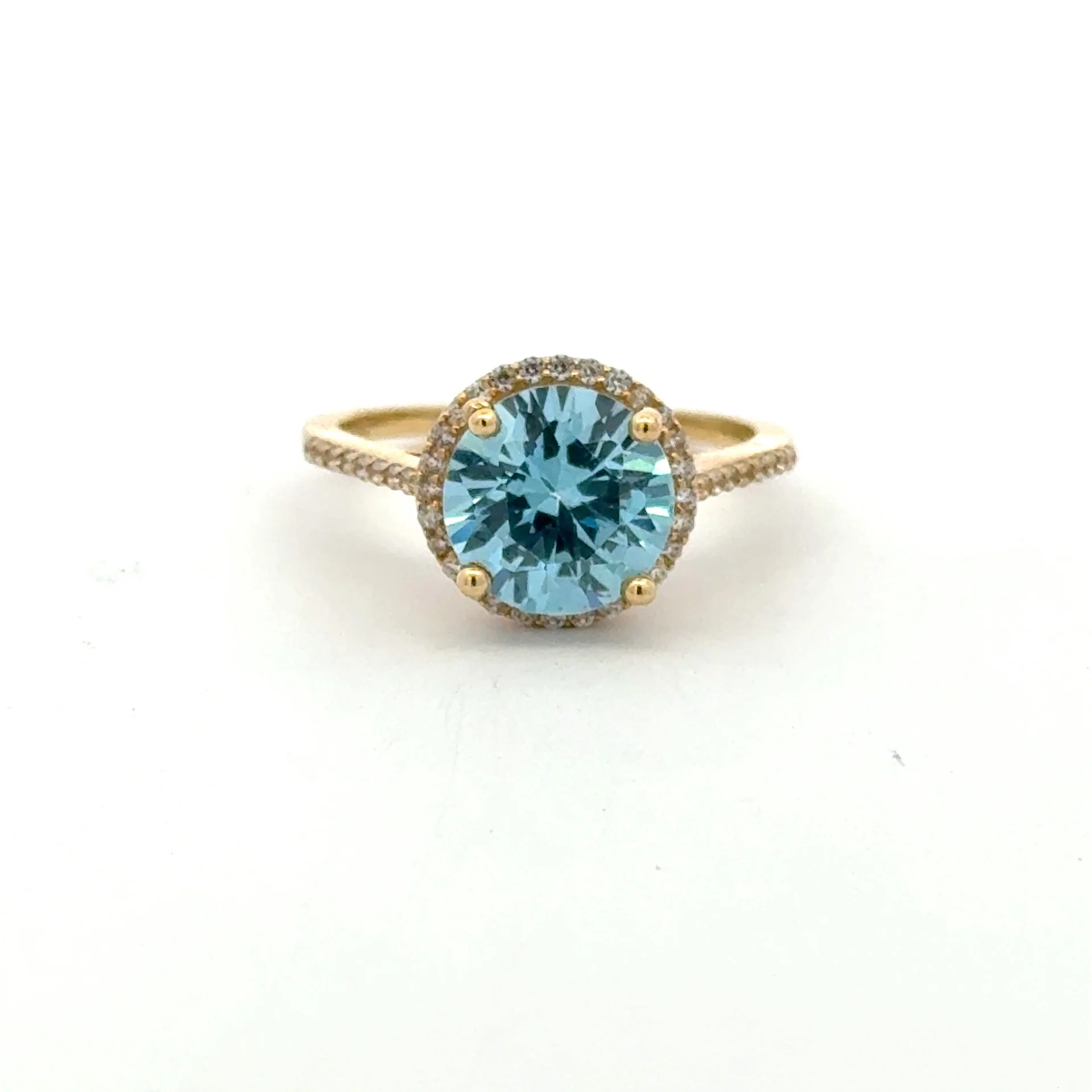 Ring Women Sky Blue Round Stone and CZ 7 1.5mm 10K
