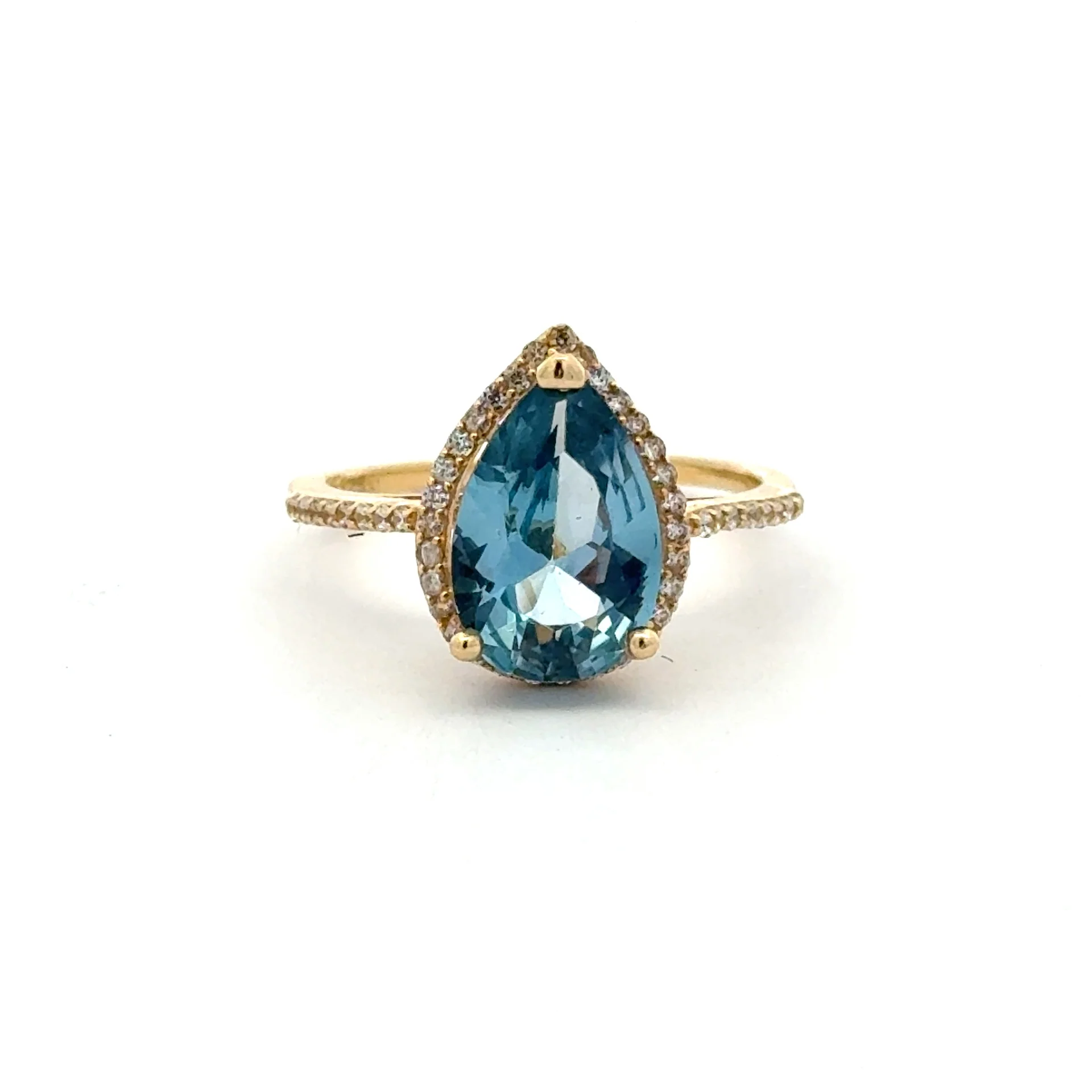 Ring Women Sky Blue Teardrop Stone and CZ 7 1.5mm 10K