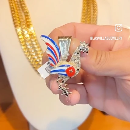 Rooster Pendant with Cuban Flag in 14K